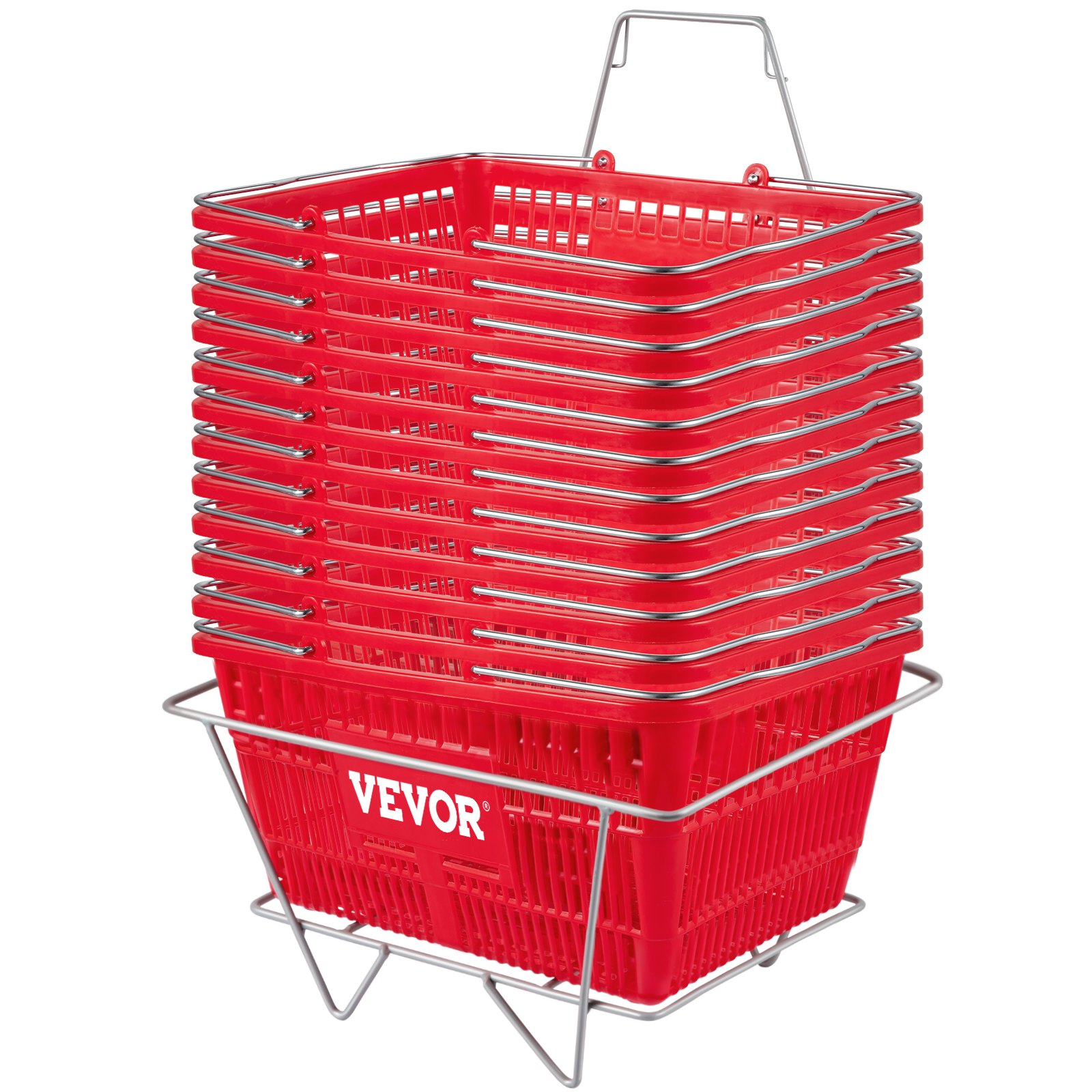 VEVOR Shopping Basket, Set of 12 Red, Durable PE Material with Handle and Stand, Basket Dimension 42 cm L x 30 cm W x 20.5 cm H and Used for Supermarket, Retail, Grocery-Holds 21 L of Merchandis