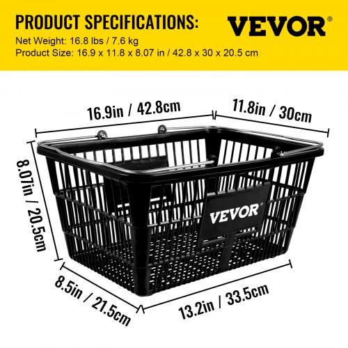 VEVOR Shopping Basket, Set of 12 Black, PE Material with Handle and Stand, Basket Dimension 16.9"L x 11.8"W x 8.07"H and Used for Supermarket, Retail, Grocery- Holds 21 L/5.6 Gal of Merchandise