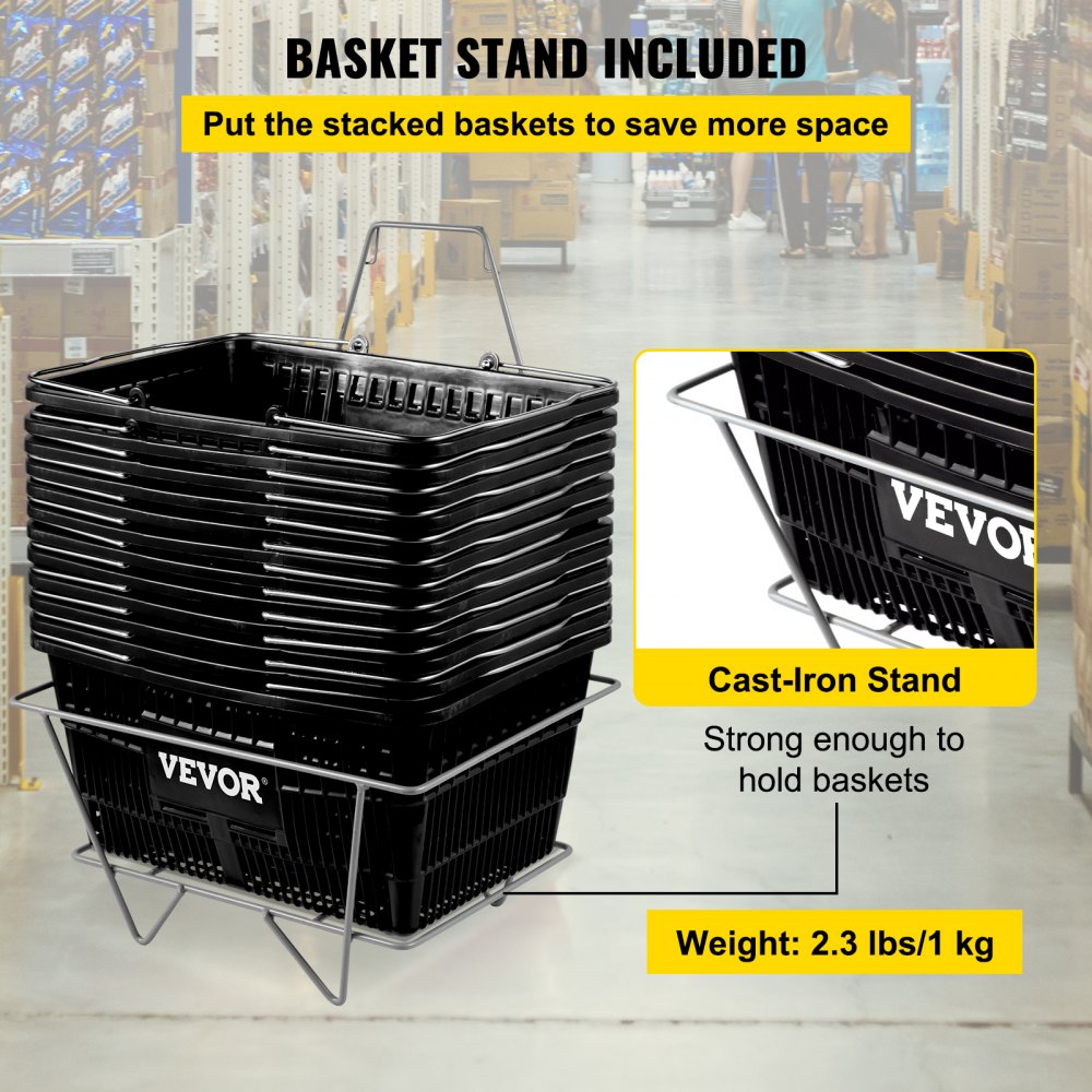VEVOR Shopping Basket, Set of 12 Black, Durable PE Material with Handle and Stand, Basket Dimension 16.9\"L x 11.8\"W x 8.07\"H and Used for Supermarket, Retail, Grocery- Holds 21 L of Merchandise