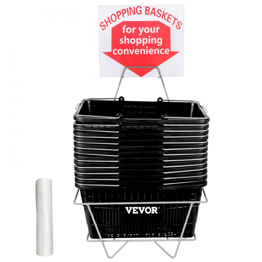 VEVOR Shopping Basket, Set of 12 Black, Durable PE Material with Handle and Stand, Basket Dimension 16.9\"L x 11.8\"W x 8.07\"H and Used for Supermarket, Retail, Grocery- Holds 21 L of Merchandise