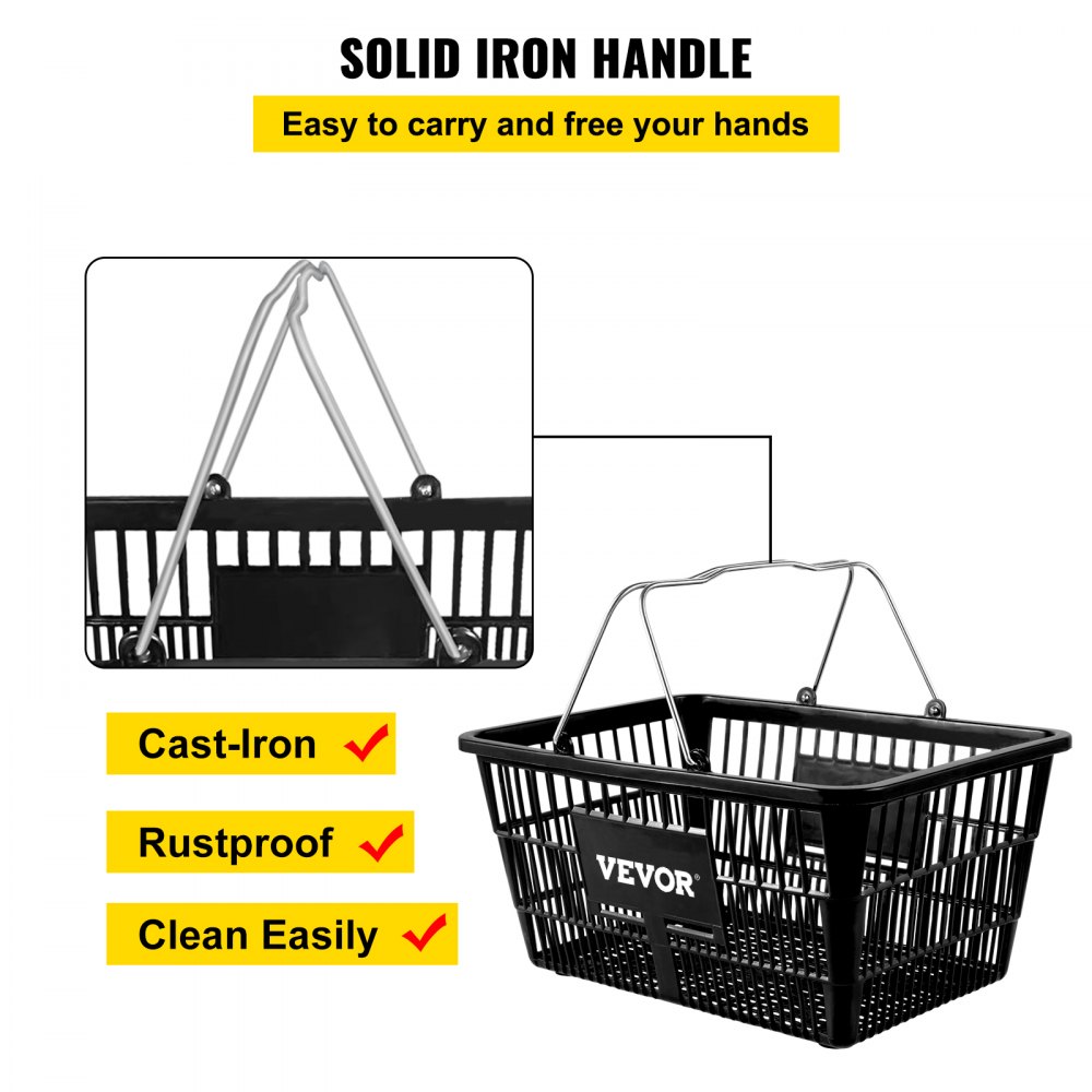 VEVOR Shopping Basket, Set of 12 Black, PE Material with Handle and Stand, Basket Dimension 16.9"L x 11.8"W x 8.07"H and Used for Supermarket, Retail, Grocery- Holds 21 L/5.6 Gal of Merchandise