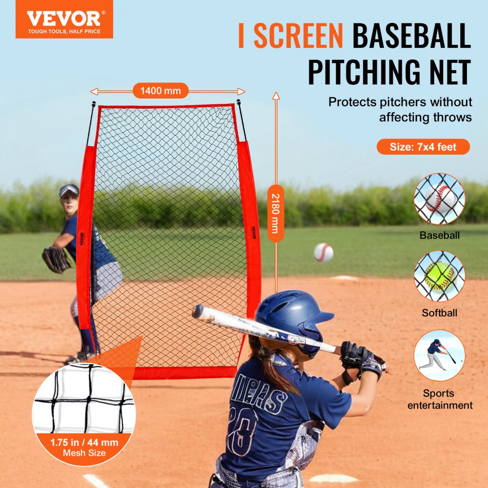 VEVOR batting cage screen protects pitchers, features 1400mm width, 2180mm height, and 1.75in mesh size.