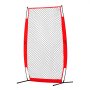 VEVOR batting cage screen with black netting and red frame, supported by black metal poles.