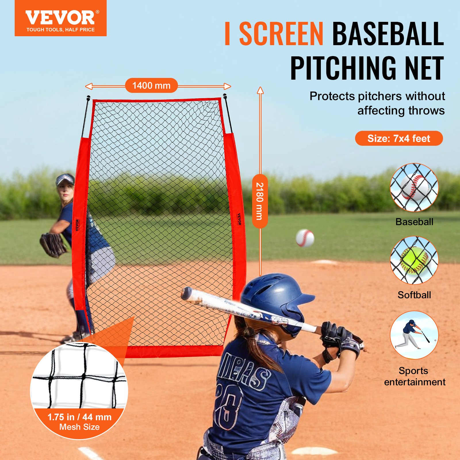 VEVOR batting cage screen protects pitchers, features 1400mm width, 2180mm height, and 1.75in mesh size.