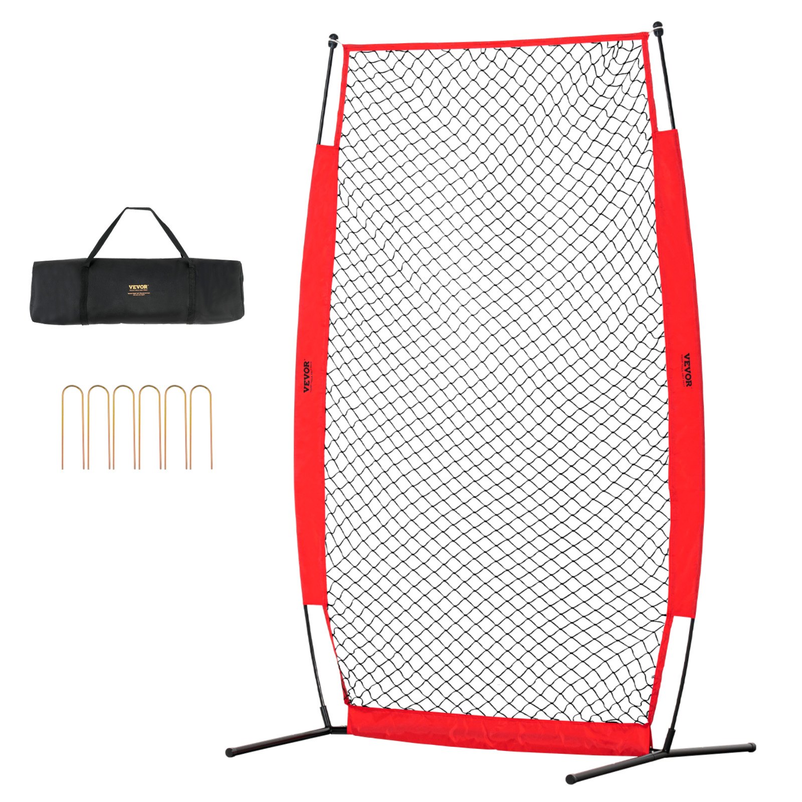 VEVOR batting cage screen with red frame, black net, six u-shaped stakes, and black carrying bag.