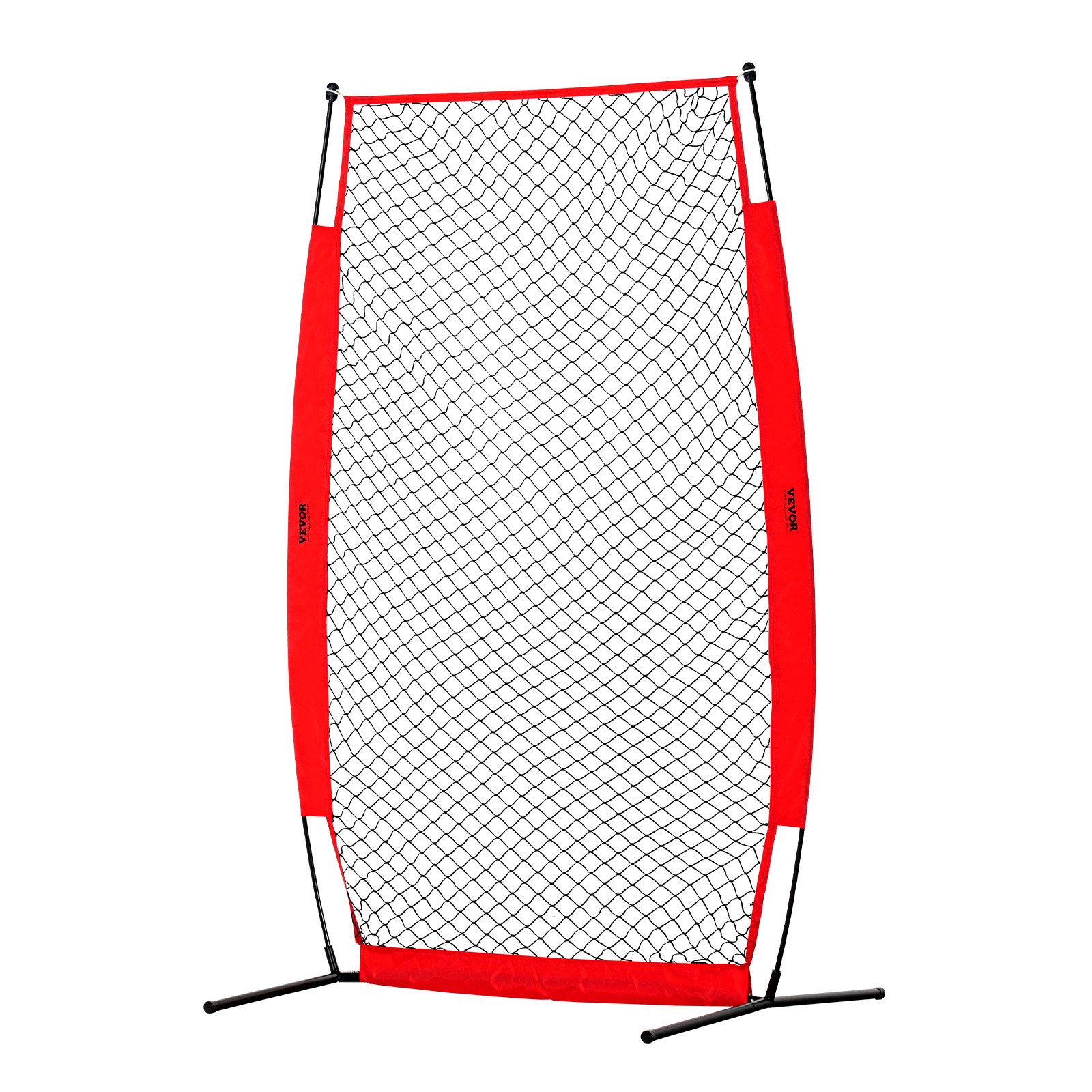 VEVOR batting cage screen with black netting and red frame, supported by black metal poles.
