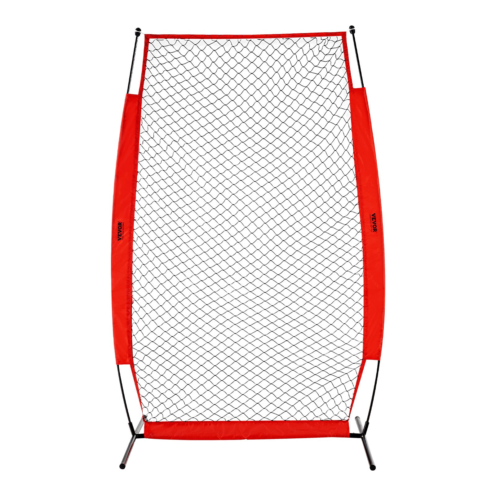 VEVOR batting cage screen with red frame and black netting.