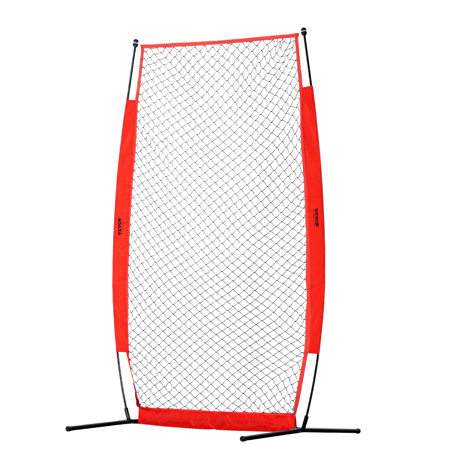 VEVOR batting cage screen with black netting and red frame on a sturdy black base.