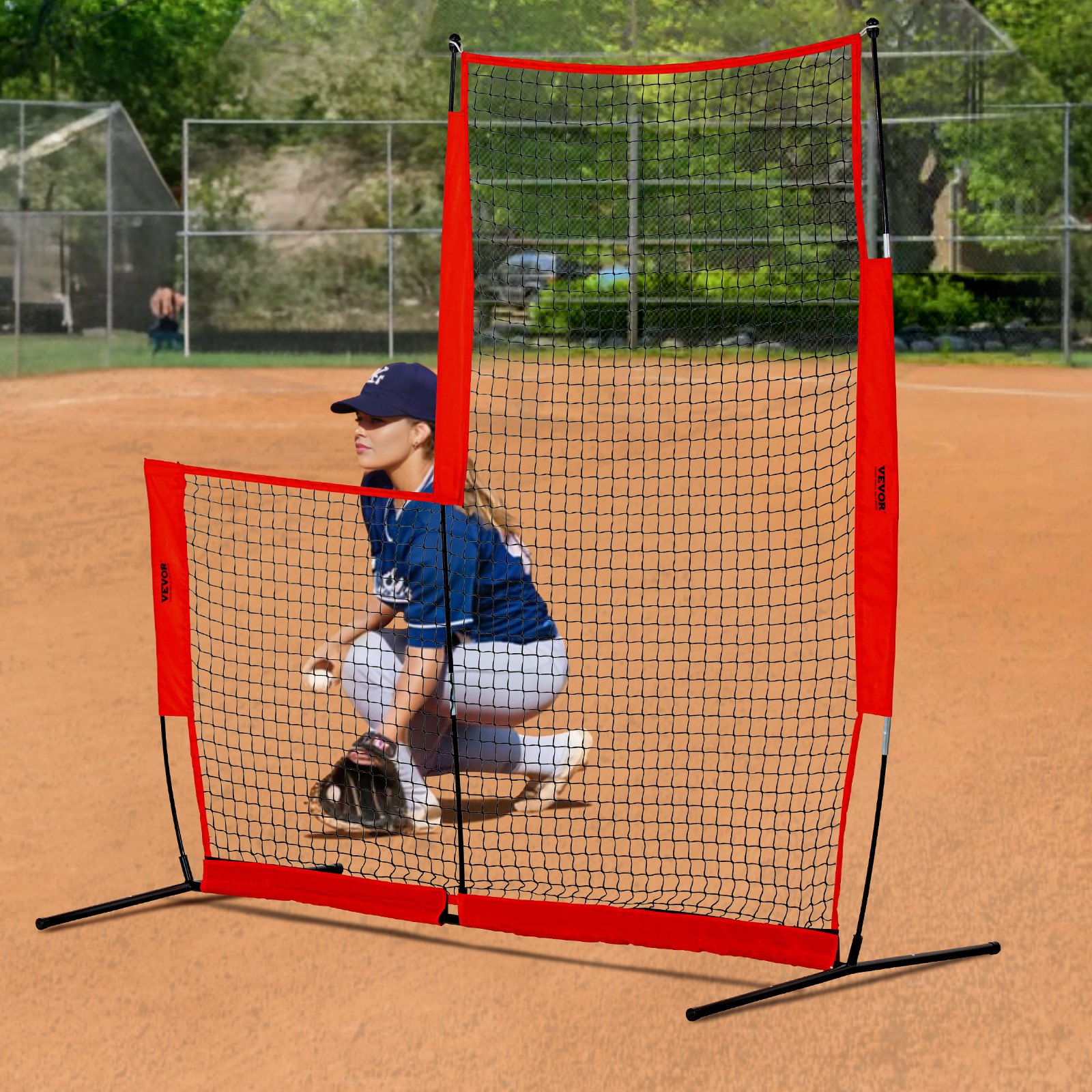 VEVOR L Screen Baseball for Batting Cage, 7x7 ft Baseball & Softball Safety Screen, Body Protector Portable Batting Screen with Carry Bag & Ground Stakes, Baseball Pitching Net for Pitchers Protection