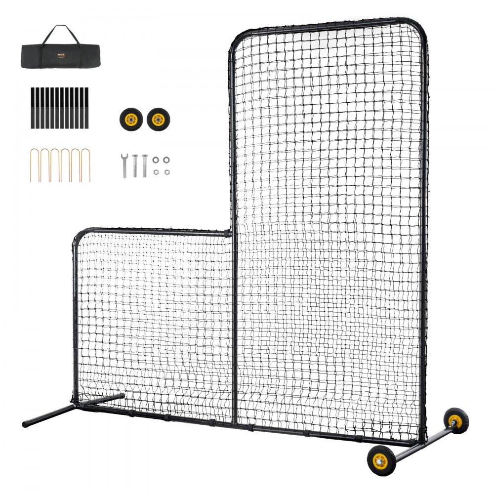 VEVOR L Screen Baseball for Batting Cage, 7x7 fot Softball Safety Screen, Body Protector Bærbar Batting Screen med bæreveske, Hjul, Ground Stakes, Heavy Duty Pitching Net for Pitchers Protection