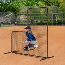 VEVOR L Pantalla de béisbol para jaula de bateo, pantalla de seguridad de béisbol y softbol de 7 x 7 pies, protector corporal, pantalla de bateo portátil con bolsa de transporte y estacas de tierra, red de lanzamiento resistente para protección de lanzadores
