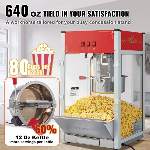 VEVOR Popcorn Popper Machine 12 Oz Countertop Popcorn Maker 1440W 80 Cups Red
