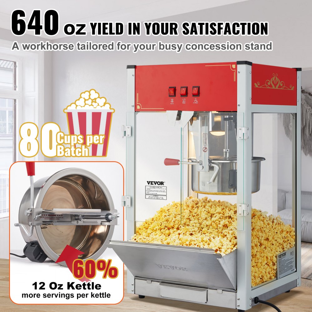 VEVOR Popcorn Maker, 1440W Popcorn Popper Machine, 12 Oz Kettle Makes 80 Cups per Batch, Countertop Popcorn Maker with Tempered Glass, 3 Stainless Steel Scoops, Movie Theater Style, Red