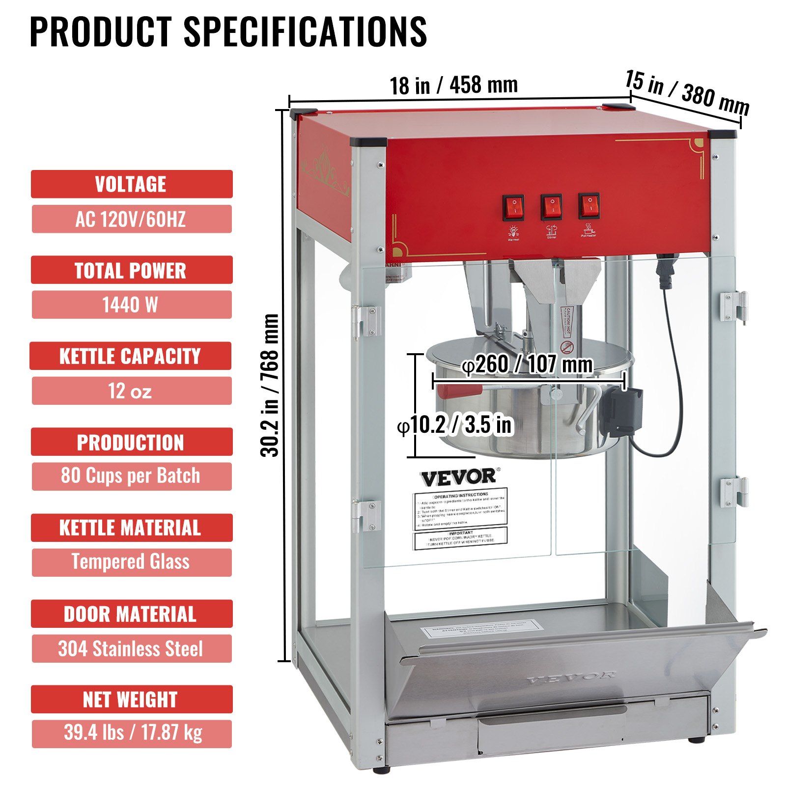 VEVOR Popcorn Maker, 1440W Popcorn Popper Machine, 12 Oz Kettle Makes 80 Cups per Batch, Countertop Popcorn Maker with Tempered Glass, 3 Stainless Steel Scoops, Movie Theater Style, Red