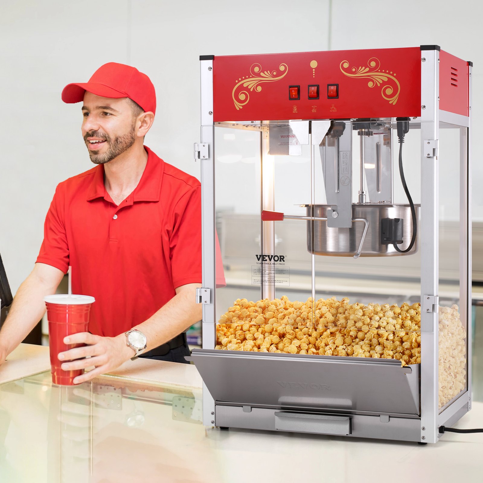 VEVOR Popcorn Maker, 1615W Popcorn Popper Machine, 16 Oz Kettle Large Capacity Countertop Popcorn Maker with Tempered Glass, Includes 3 Stainless Steel Scoops, Movie Theater Style, Red