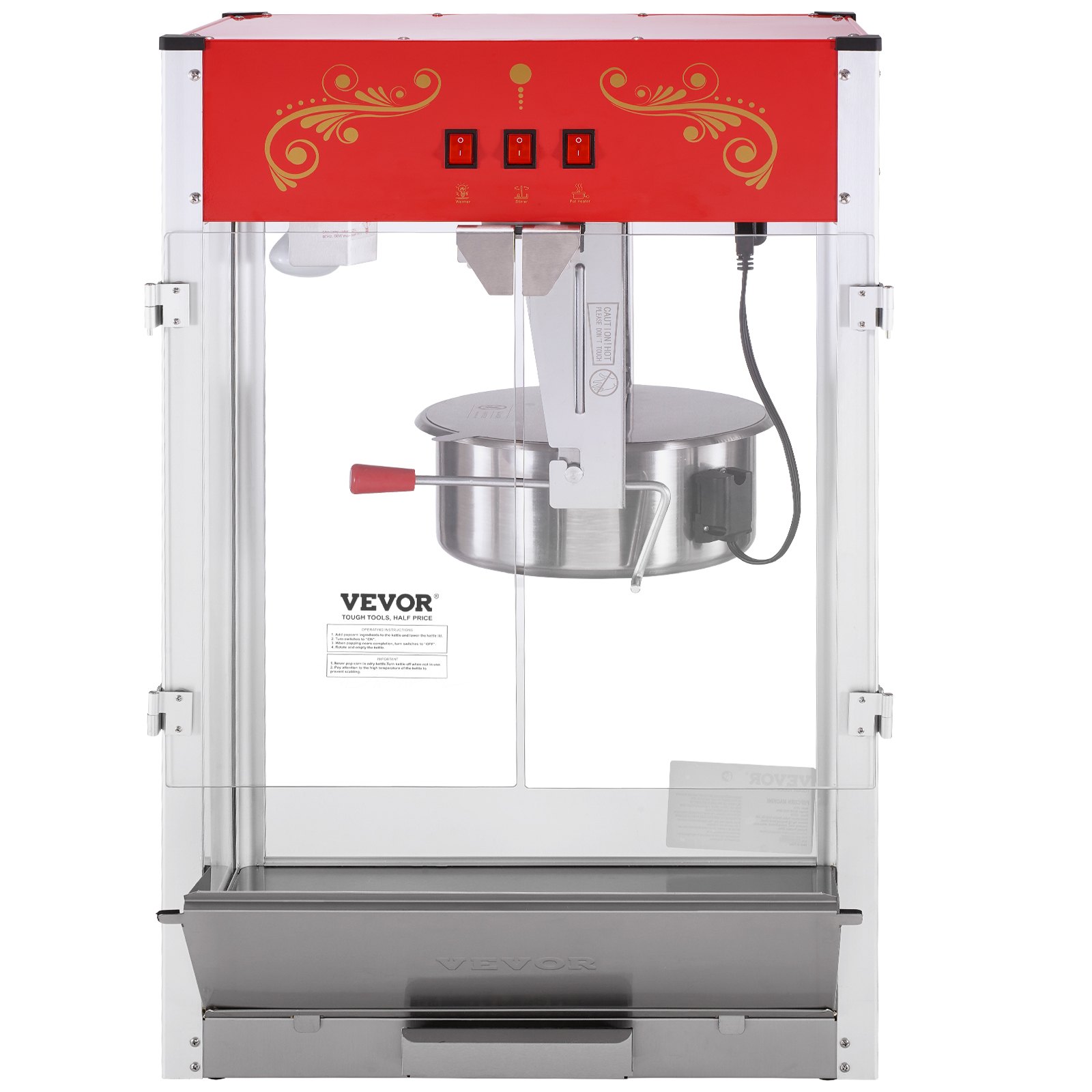 VEVOR Popcorn Maker, 1615W Popcorn Popper Machine, 16 Oz Kettle Large Capacity Countertop Popcorn Maker with Tempered Glass, Includes 3 Stainless Steel Scoops, Movie Theater Style, Red