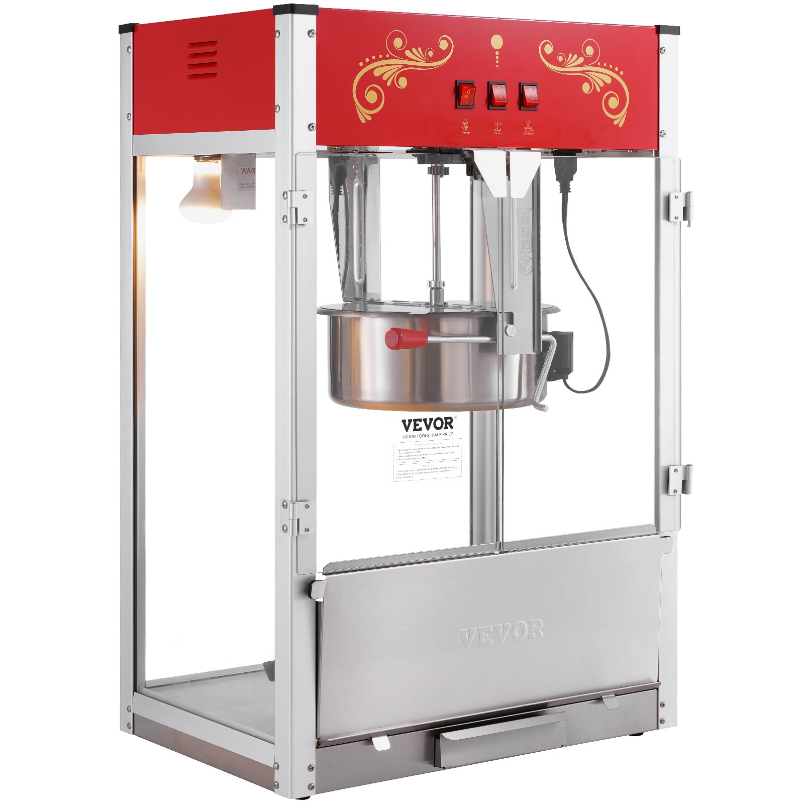 VEVOR Popcorn Maker, 1615W Popcorn Popper Machine, 16 Oz Kettle Large Capacity Countertop Popcorn Maker with Tempered Glass, Includes 3 Stainless Steel Scoops, Movie Theater Style, Red
