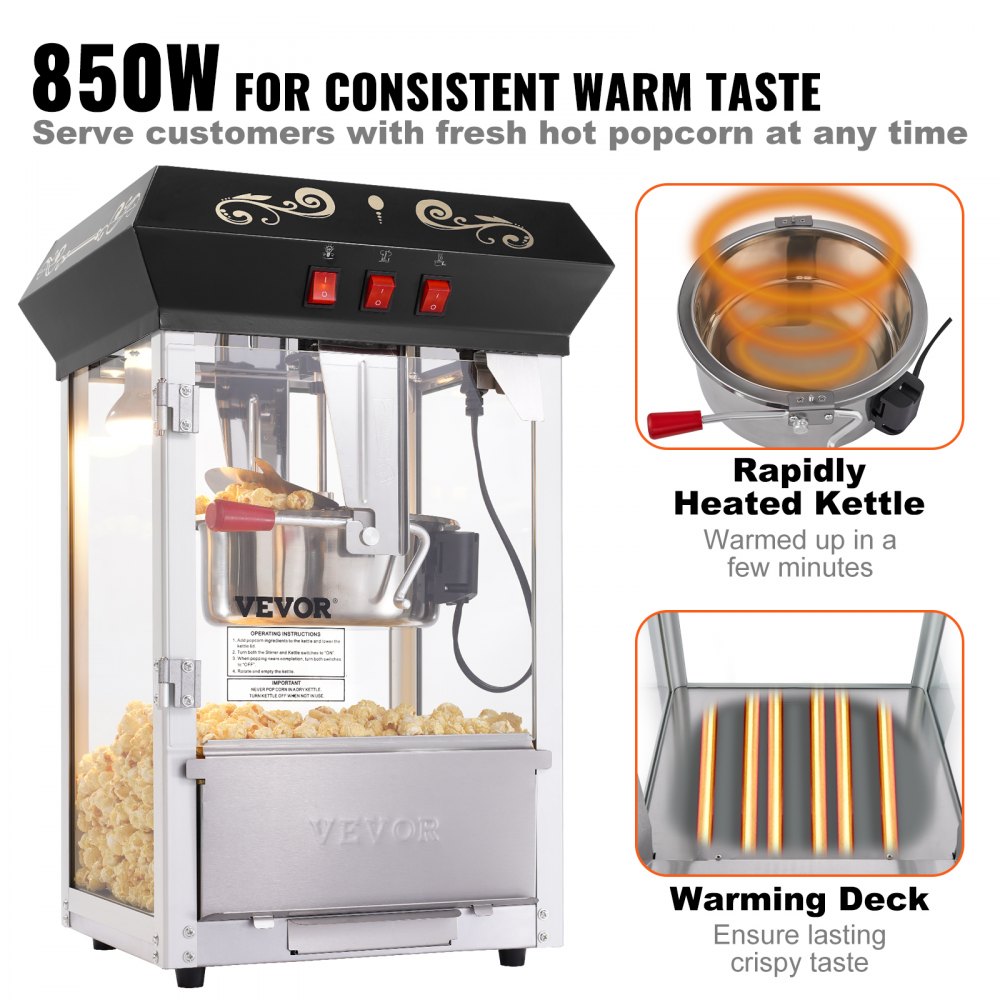 VEVOR Popcorn Maker, 850W Popcorn Popper Machine, 8 Oz Kettle Makes 48 Cups per Batch, Countertop Popcorn Maker with Tempered Glass, Includes 4 Scoops, Movie Theater Style, Black