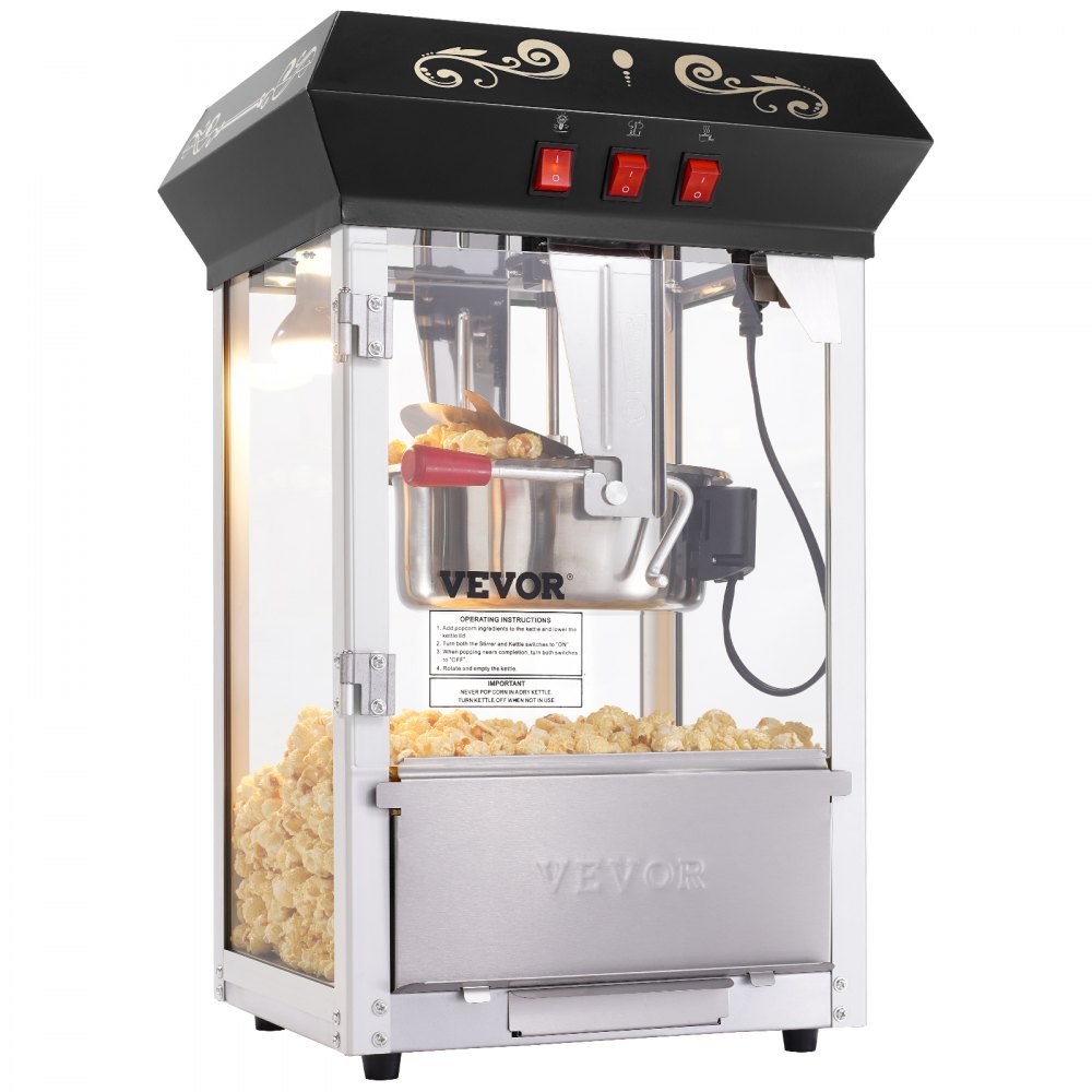 VEVOR Popcorn Maker, 850W Popcorn Popper Machine, 8 Oz Kettle Makes 48 Cups per Batch, Countertop Popcorn Maker with Tempered Glass, Includes 4 Scoops, Movie Theater Style, Black