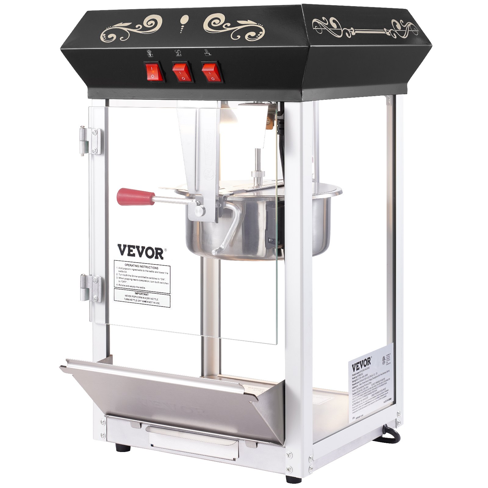 VEVOR Popcorn Maker, 850W Popcorn Popper Machine, 8 Oz Kettle Makes 48 Cups per Batch, Countertop Popcorn Maker with Tempered Glass, Includes 4 Scoops, Movie Theater Style, Black