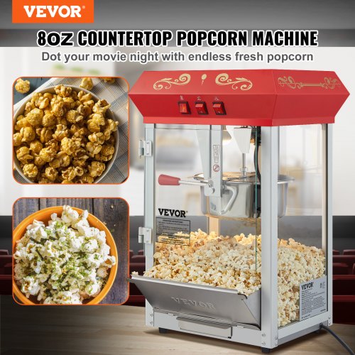 Popcornmachine Popcornmaker, 850 W Popcornmachine 8 oz Waterkoker voor 48 kopjes per lading, Popcornmachine voor op het aanrecht met gehard glas, inclusief 4 scheppen | NL