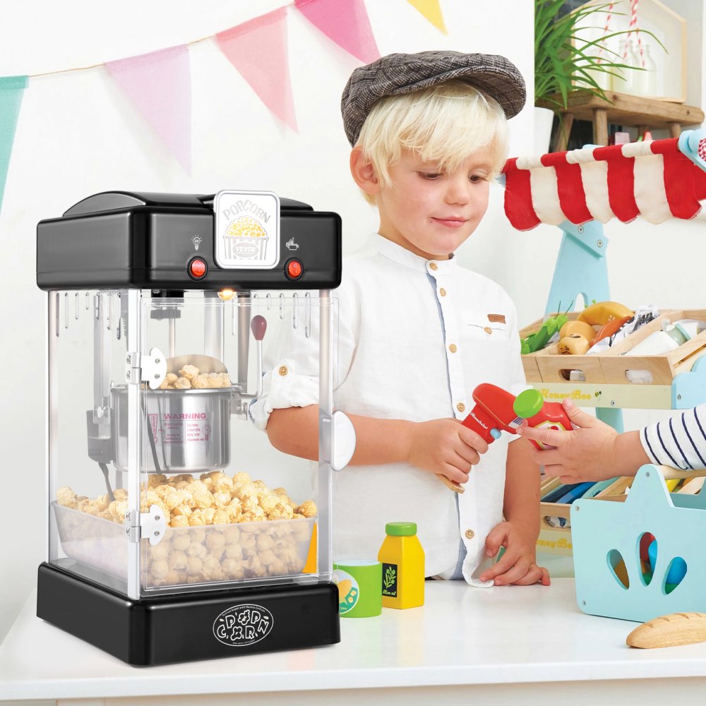 VEVOR Popcorn Maker, 300W Popcorn Popper Machine, 2.5 Oz Kettle Makes 4 QT per Batch, Tabletop Popcorn Maker with PP Door, Includes 2 Scoops and Tray, Movie Theater Style, Black