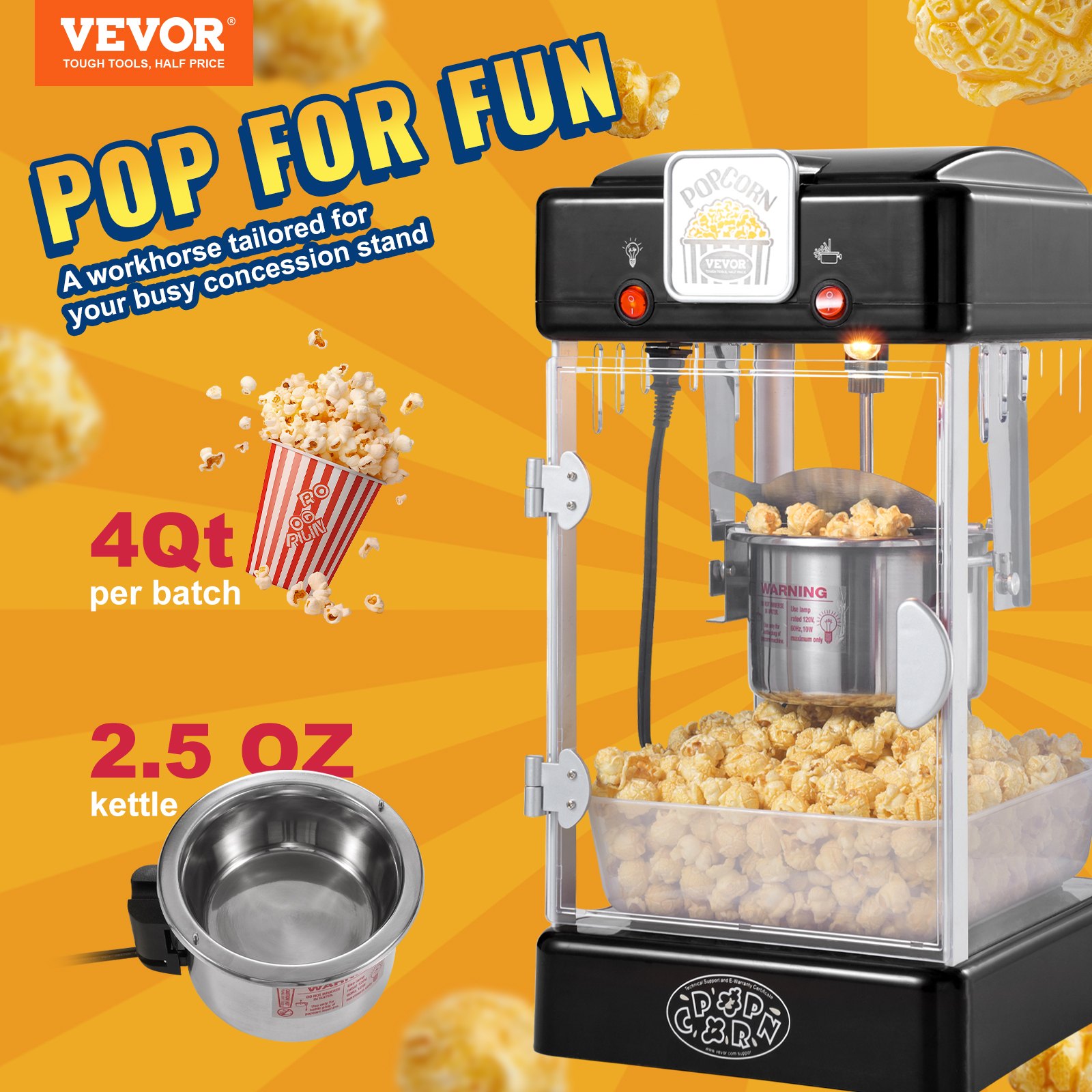 VEVOR Popcorn Maker, 300W Popcorn Popper Machine, 2.5 Oz Kettle Makes 4 QT per Batch, Tabletop Popcorn Maker with PP Door, Includes 2 Scoops and Tray, Movie Theater Style, Black