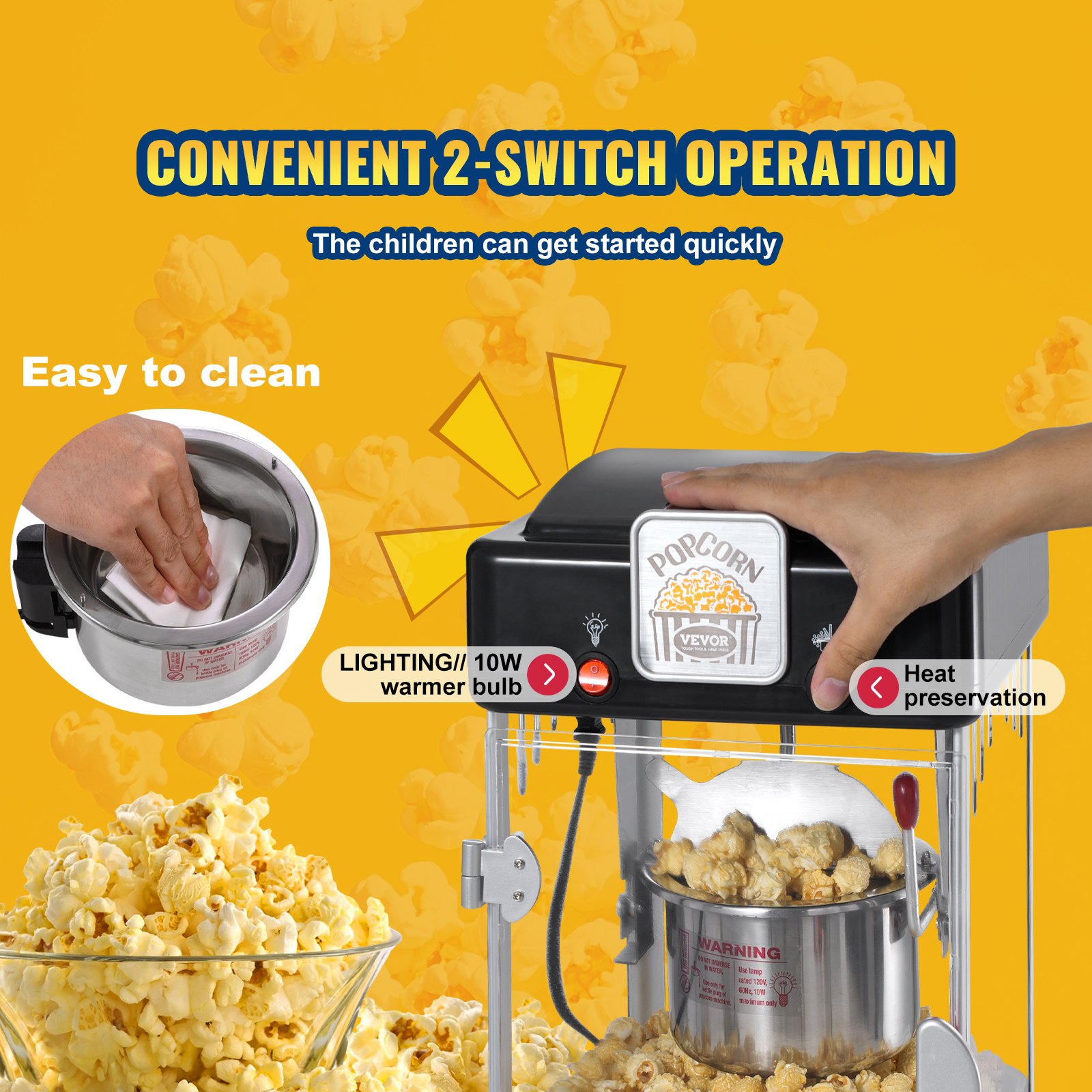 VEVOR Popcorn Maker, 300W Popcorn Popper Machine, 2.5 Oz Kettle Makes 4 QT per Batch, Tabletop Popcorn Maker with PP Door, Includes 2 Scoops and Tray, Movie Theater Style, Black