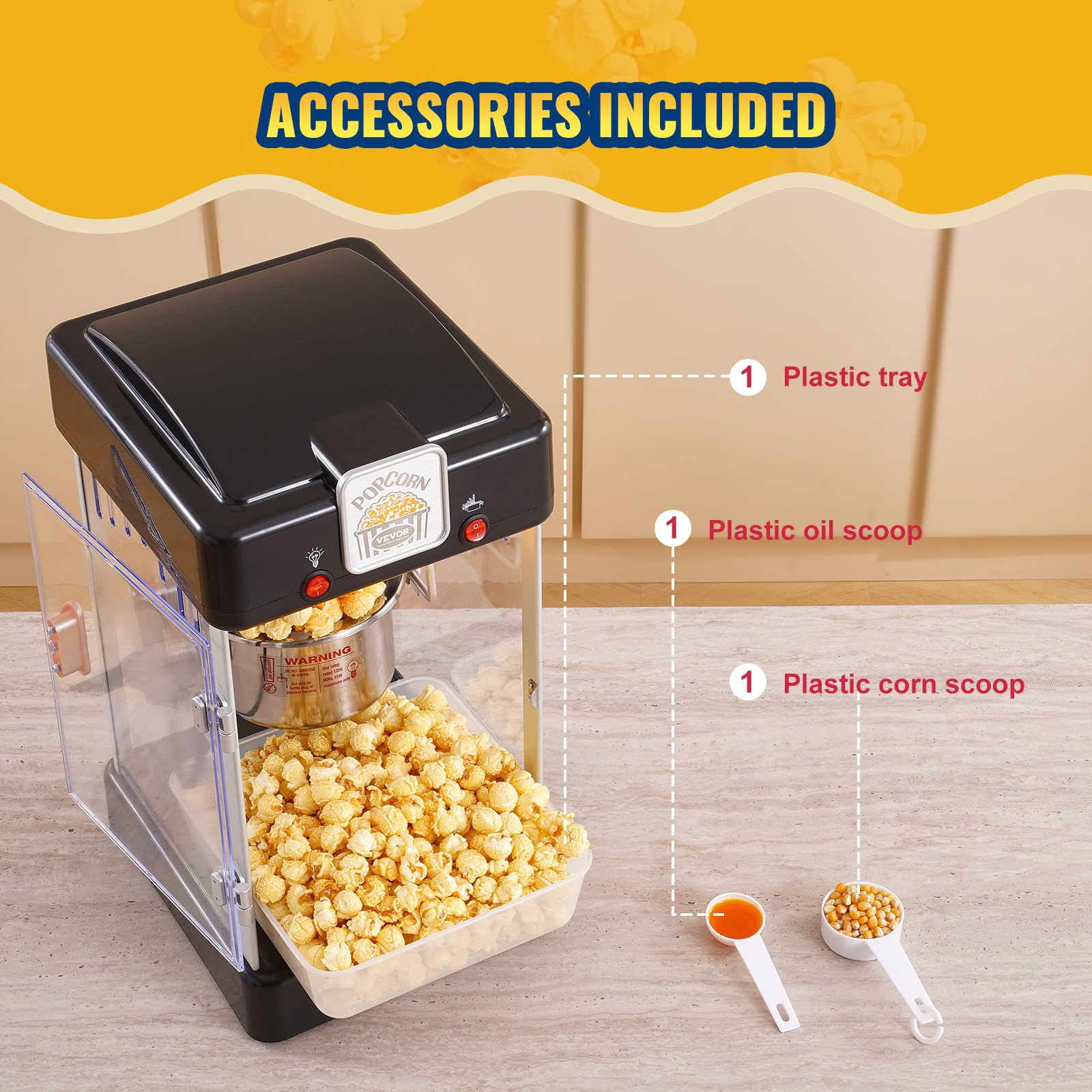 VEVOR Popcorn Maker, 300W Popcorn Popper Machine, 2.5 Oz Kettle Makes 4 QT per Batch, Tabletop Popcorn Maker with PP Door, Includes 2 Scoops and Tray, Movie Theater Style, Black