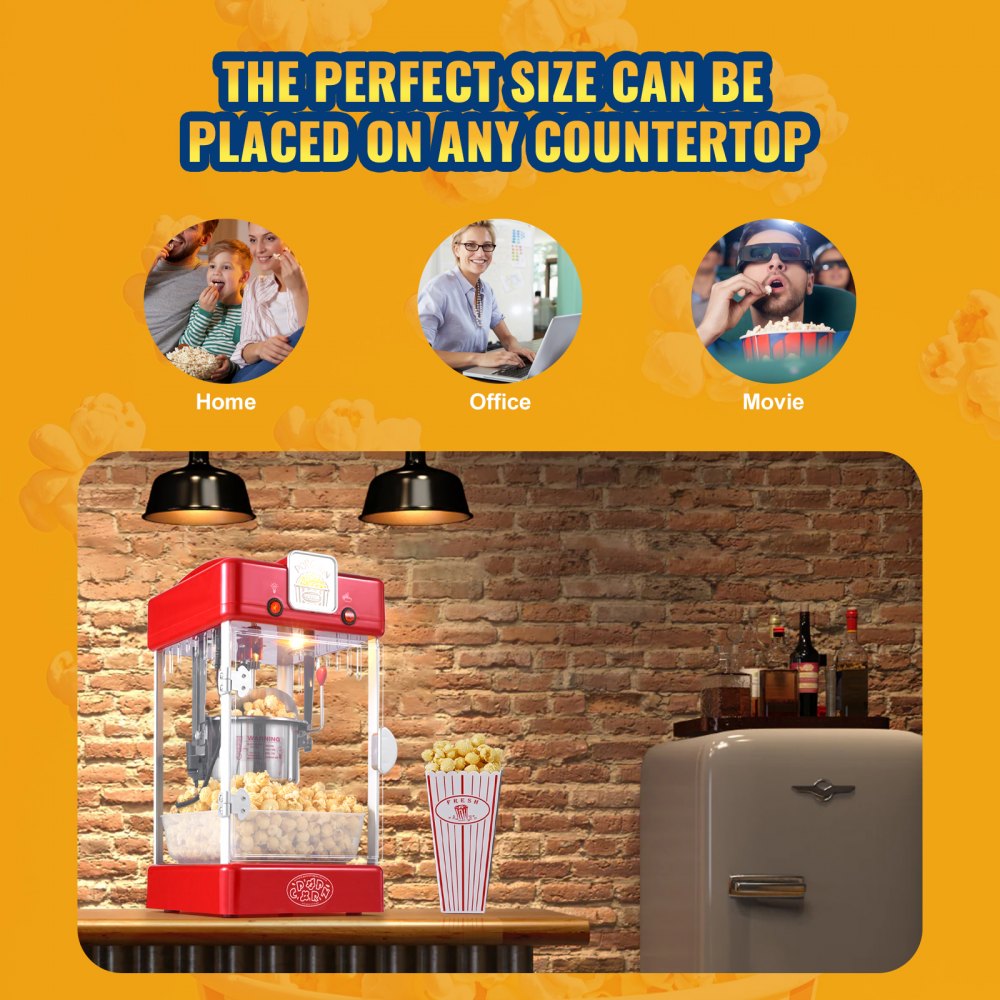 VEVOR Popcorn Maker, 300W Popcorn Popper Machine, 2.5 Oz Kettle Makes 4 QT per Batch, Tabletop Popcorn Maker with PP Door, Includes 2 Scoops and Tray, Movie Theater Style, Red