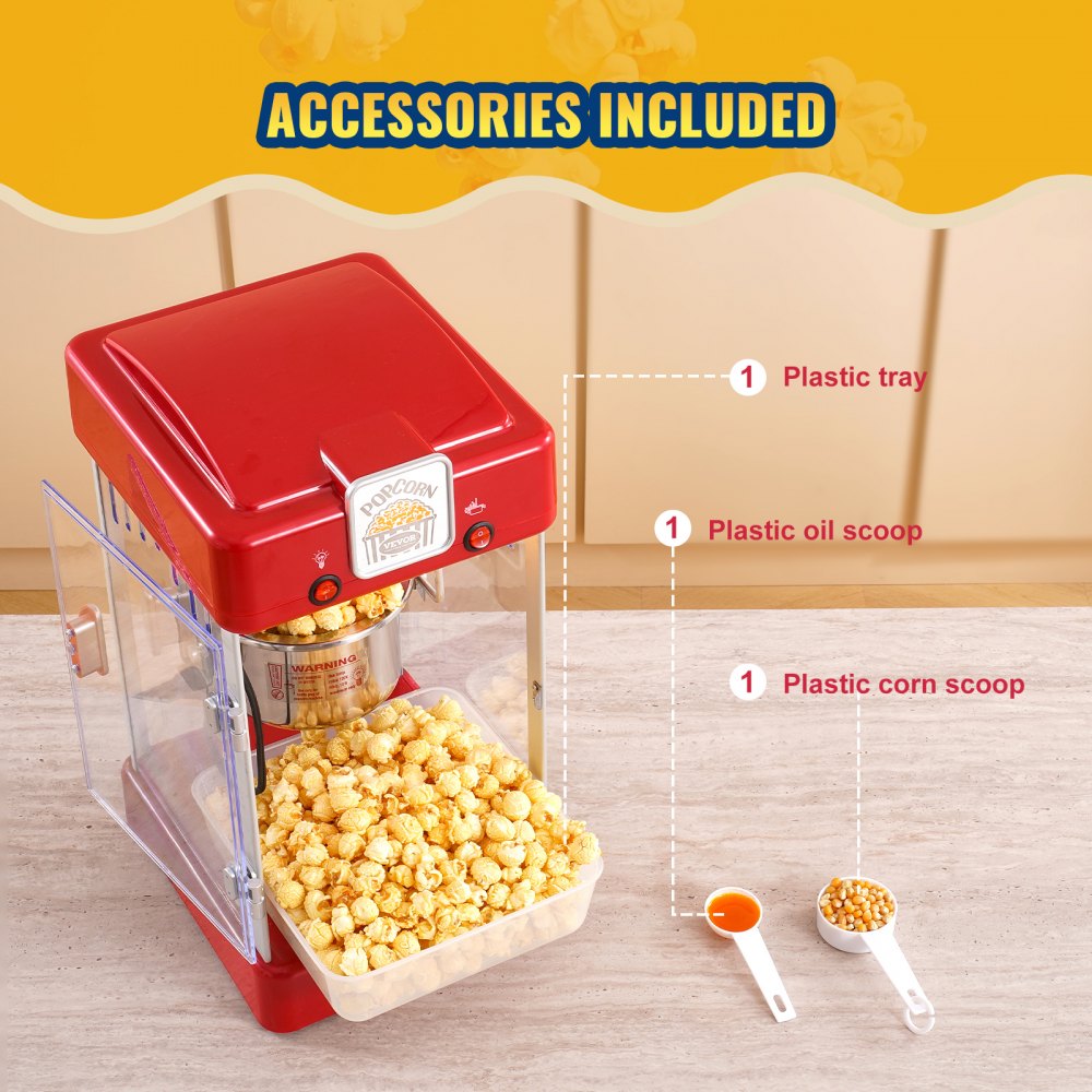 VEVOR Popcorn Maker, 300W Popcorn Popper Machine, 2.5 Oz Kettle Makes 4 QT per Batch, Tabletop Popcorn Maker with PP Door, Includes 2 Scoops and Tray, Movie Theater Style, Red
