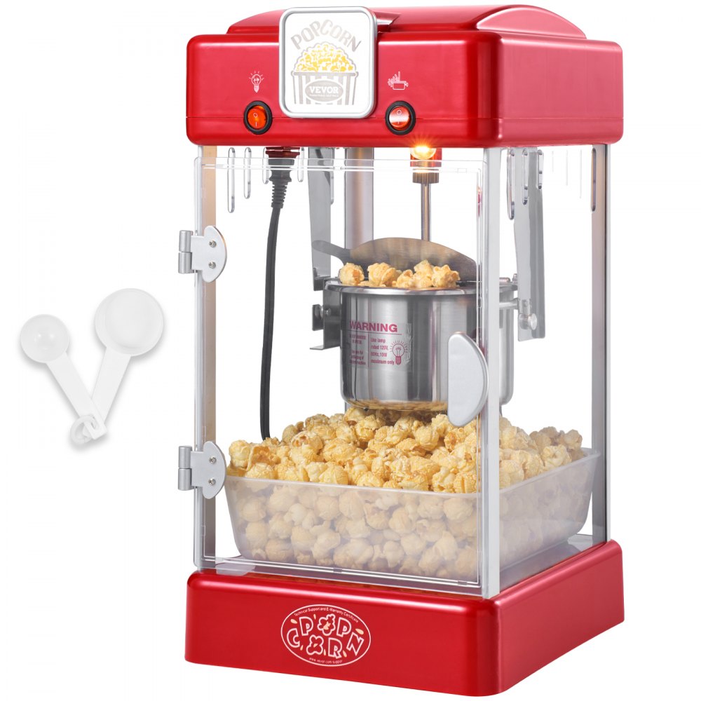 VEVOR Popcorn Maker, 300W Popcorn Popper Machine, 2.5 Oz Kettle Makes 4 QT per Batch, Tabletop Popcorn Maker with PP Door, Includes 2 Scoops and Tray, Movie Theater Style, Red