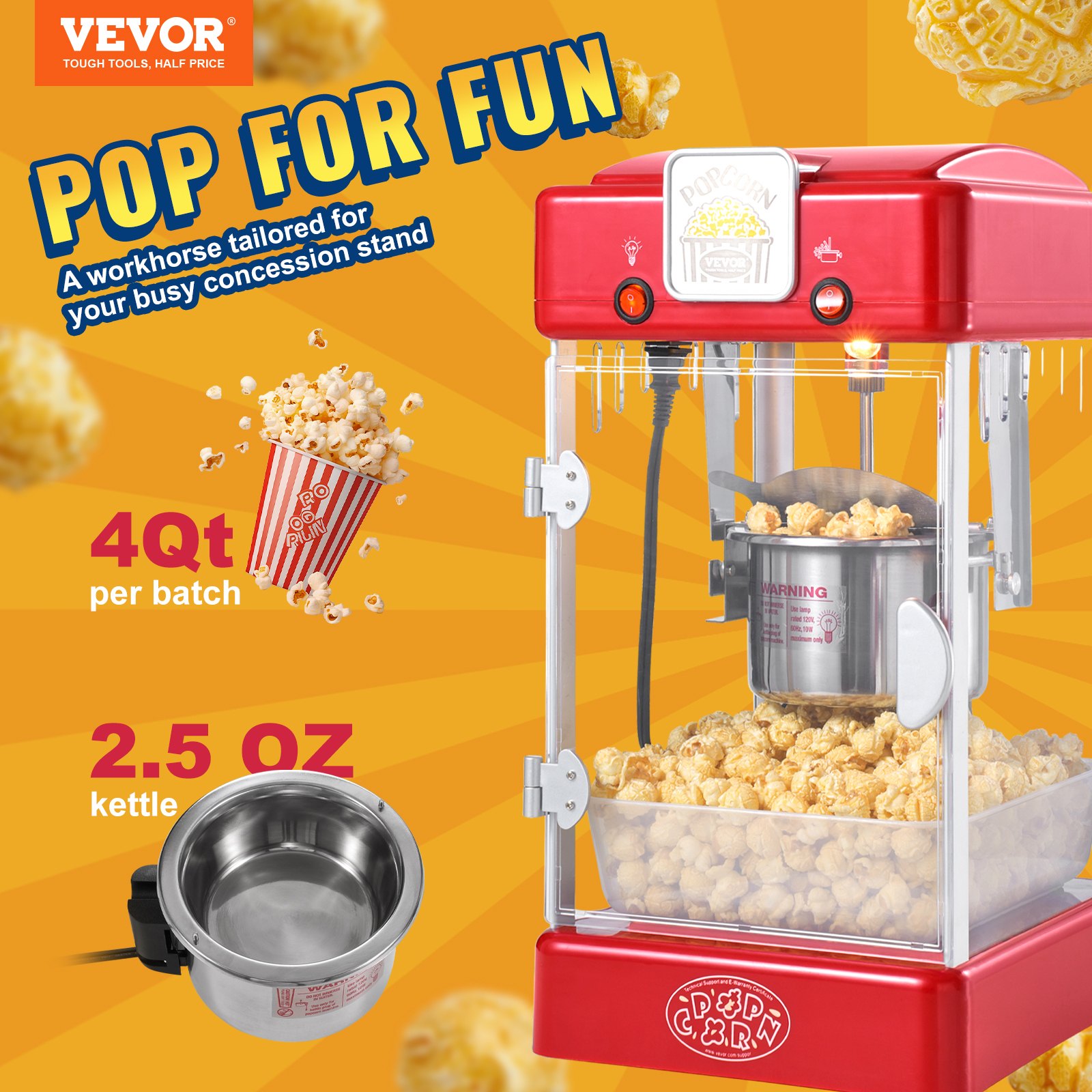 VEVOR Popcorn Maker, 300W Popcorn Popper Machine, 2.5 Oz Kettle Makes 4 QT per Batch, Tabletop Popcorn Maker with PP Door, Includes 2 Scoops and Tray, Movie Theater Style, Red