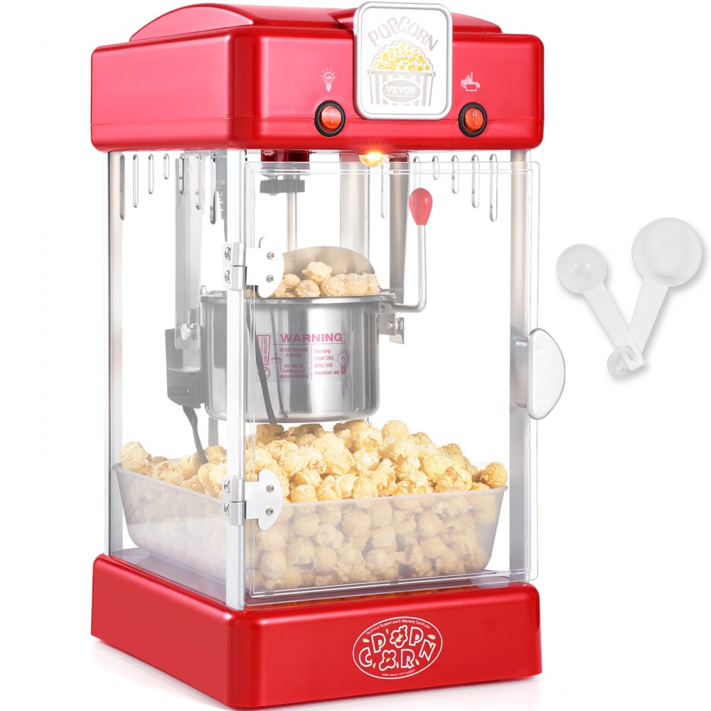 VEVOR Popcorn Maker, 300W Popcorn Popper Machine, 2.5 Oz Kettle Makes 4 QT per Batch, Tabletop Popcorn Maker with PP Door, Includes 2 Scoops and Tray, Movie Theater Style, Red