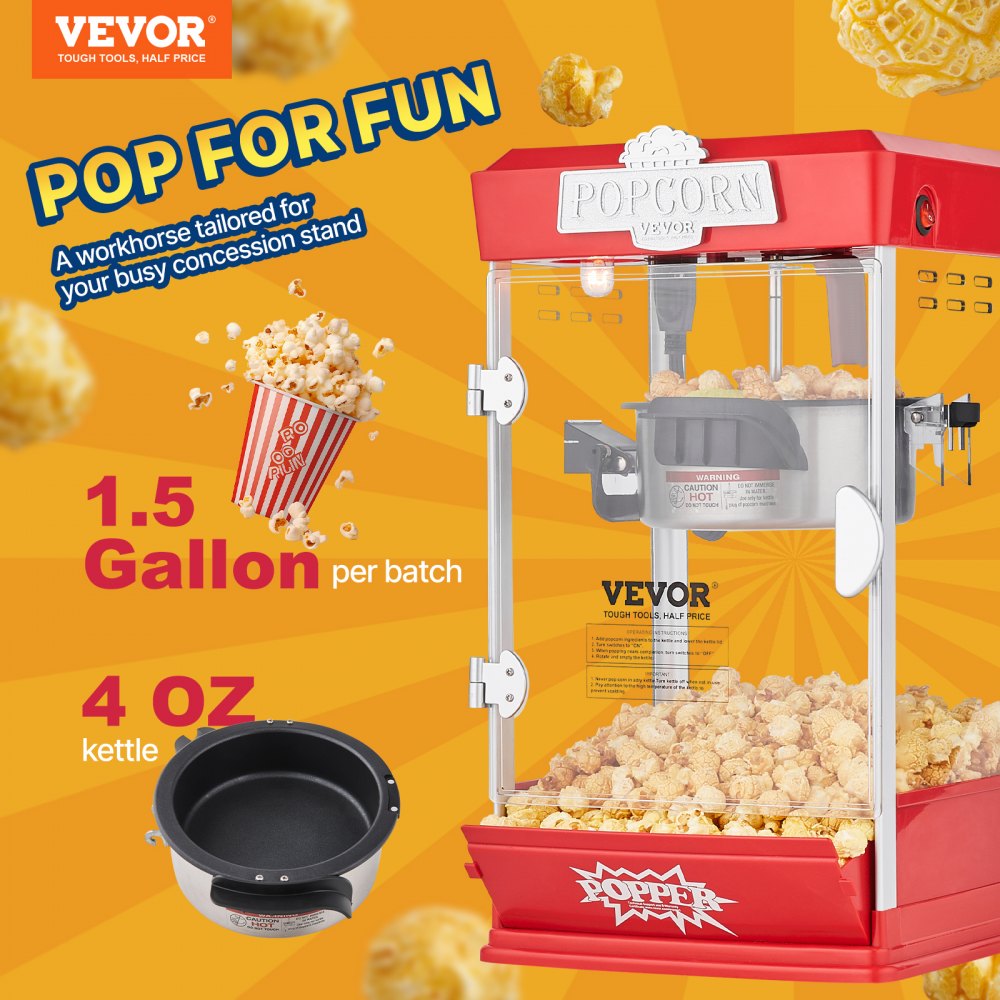 VEVOR Popcornmaskine, 480W Popcorn Popper-maskine, 115 g elkedel giver 6,5 liter pr. portion, bordpopcornmaskine, inkluderer 3 skefulde, biografstil, rød