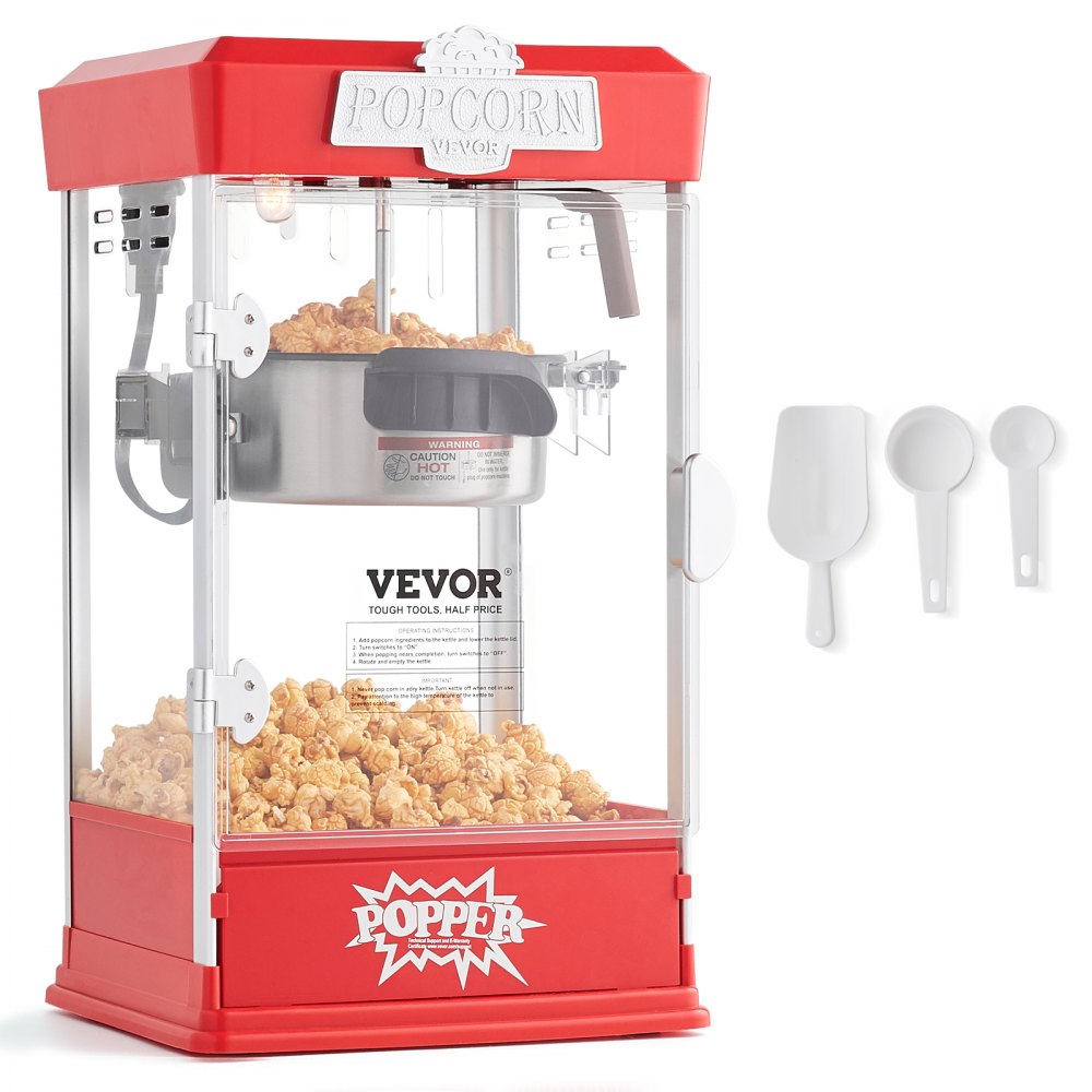 VEVOR Popcornmaskine, 480W Popcorn Popper-maskine, 115 g elkedel giver 6,5 liter pr. portion, bordpopcornmaskine, inkluderer 3 skefulde, biografstil, rød