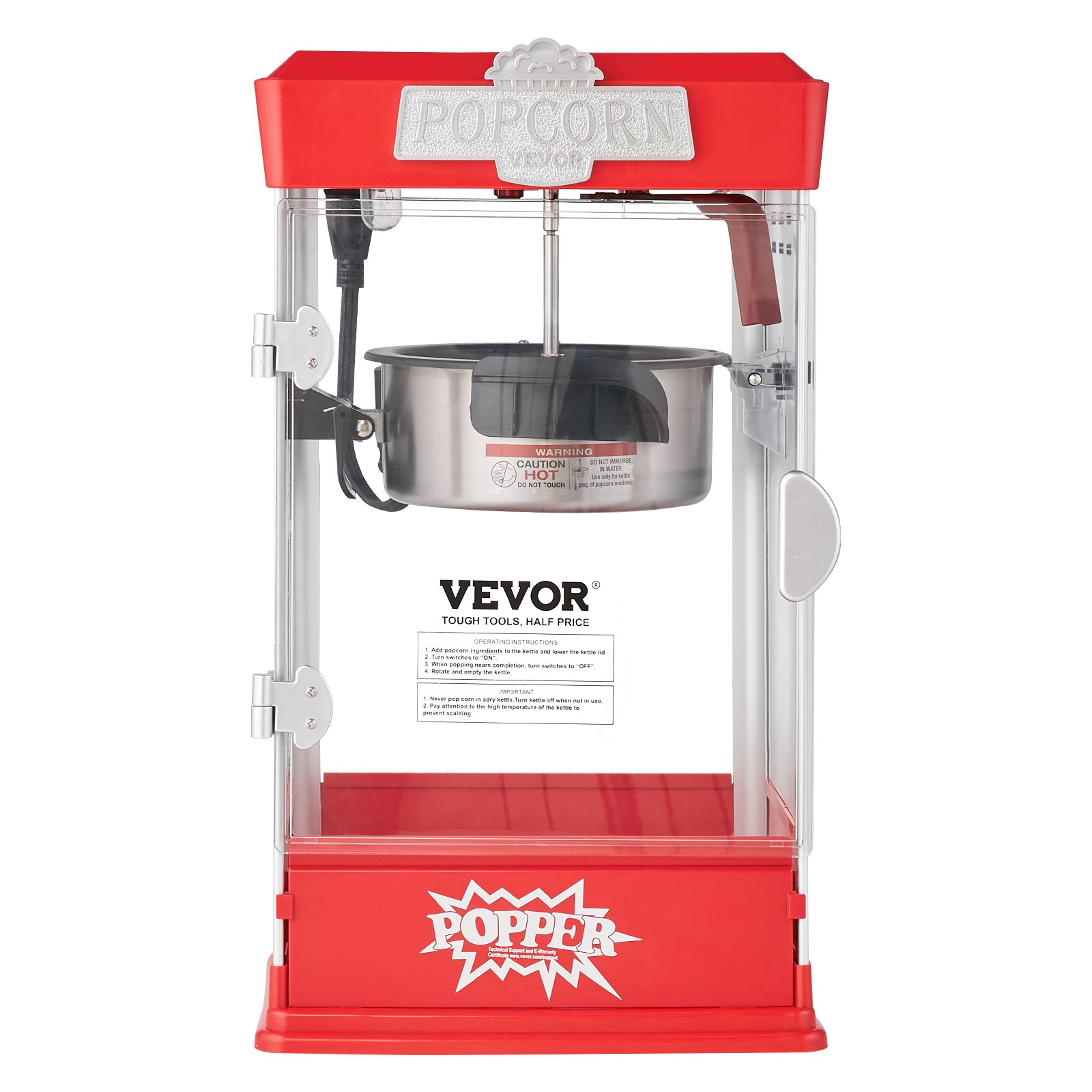 VEVOR Popcornmaskine, 480W Popcorn Popper-maskine, 115 g elkedel giver 6,5 liter pr. portion, bordpopcornmaskine, inkluderer 3 skefulde, biografstil, rød