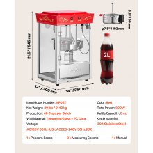 Popcorn Machine Countertop Popcorn Popper Maker 800W 8oz Kettle 48 Cups Red