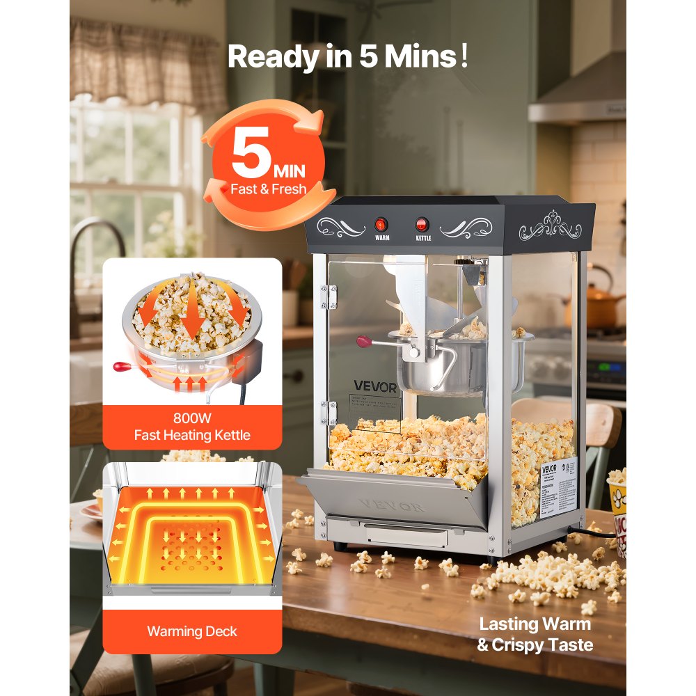VEVOR Popcorn Machine, 0.2kg Stainless Steel Kettle, 800W Commercial Countertop Popcorn Maker, 48 Cups per Batch Theater Style Popper, with 2-Button Control Glass Wall PC Door 1 Scoop 3 Spoons, Black