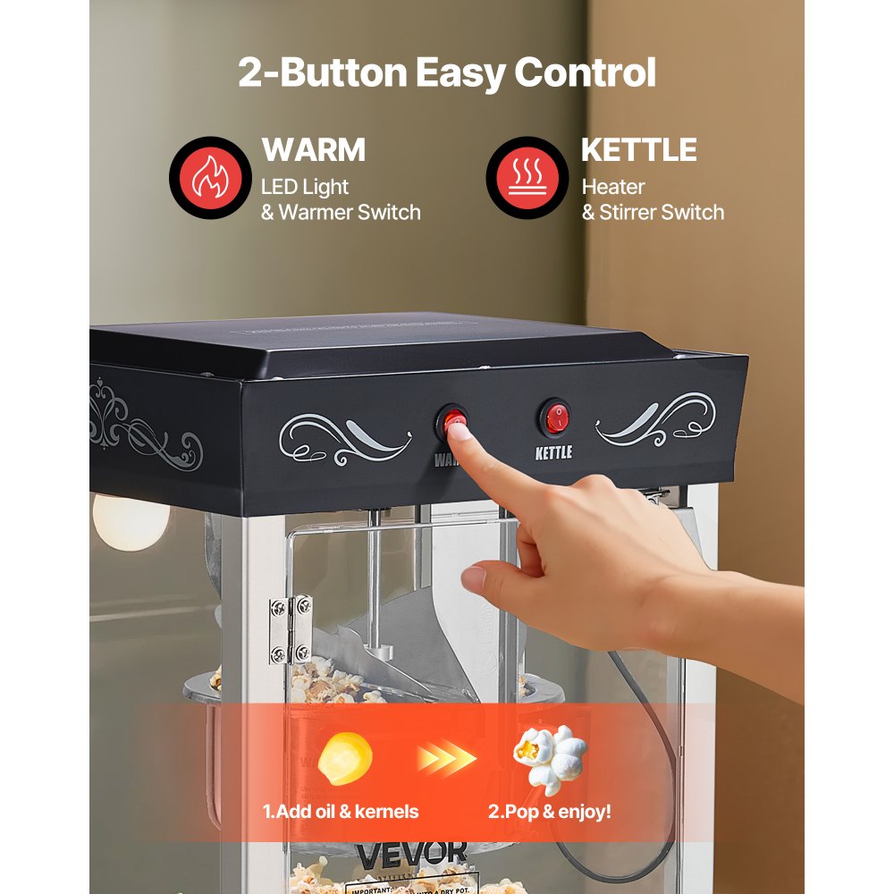 VEVOR Popcorn Machine, 0.2kg Stainless Steel Kettle, 800W Commercial Countertop Popcorn Maker, 48 Cups per Batch Theater Style Popper, with 2-Button Control Glass Wall PC Door 1 Scoop 3 Spoons, Black
