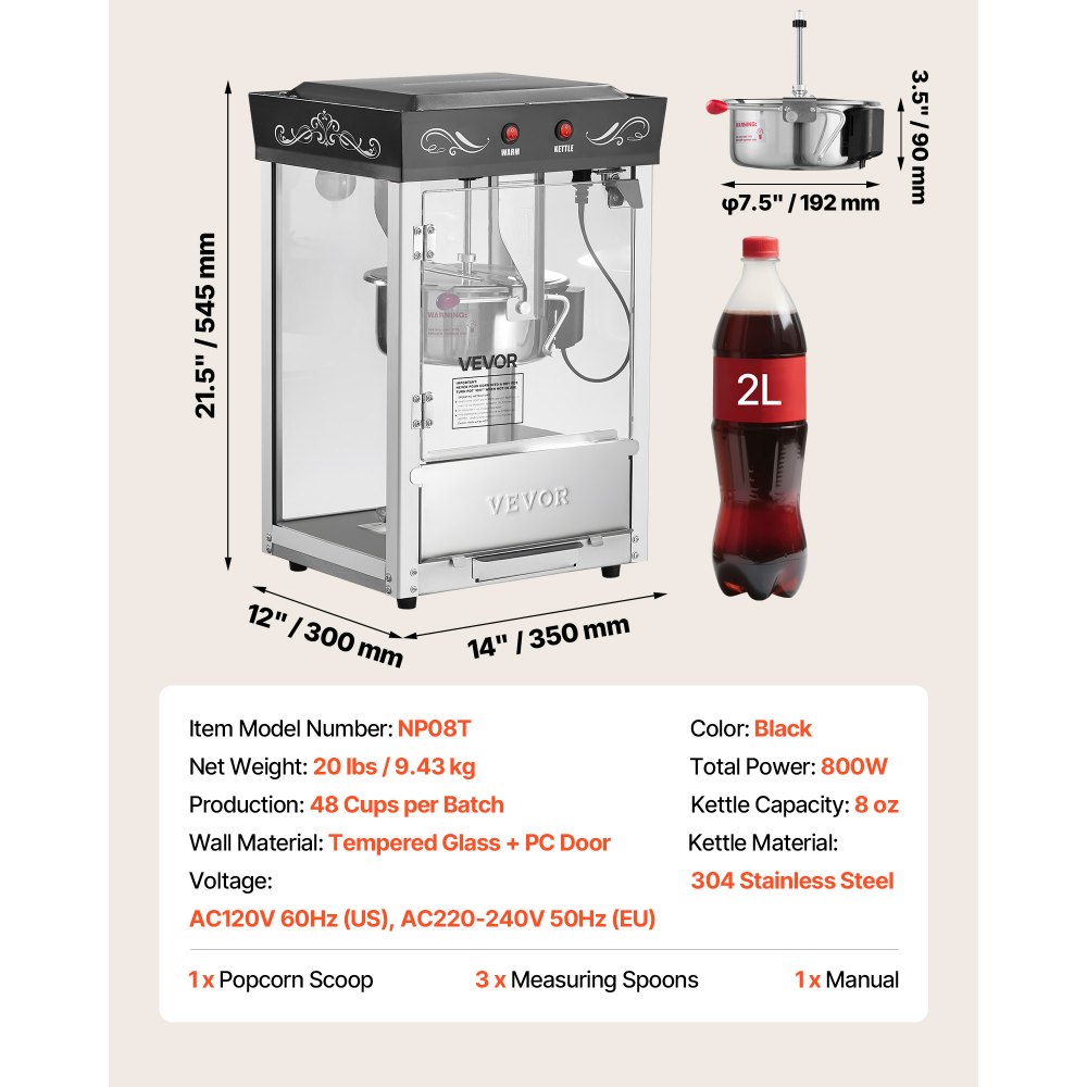 VEVOR Popcorn Machine, 0.2kg Stainless Steel Kettle, 800W Commercial Countertop Popcorn Maker, 48 Cups per Batch Theater Style Popper, with 2-Button Control Glass Wall PC Door 1 Scoop 3 Spoons, Black