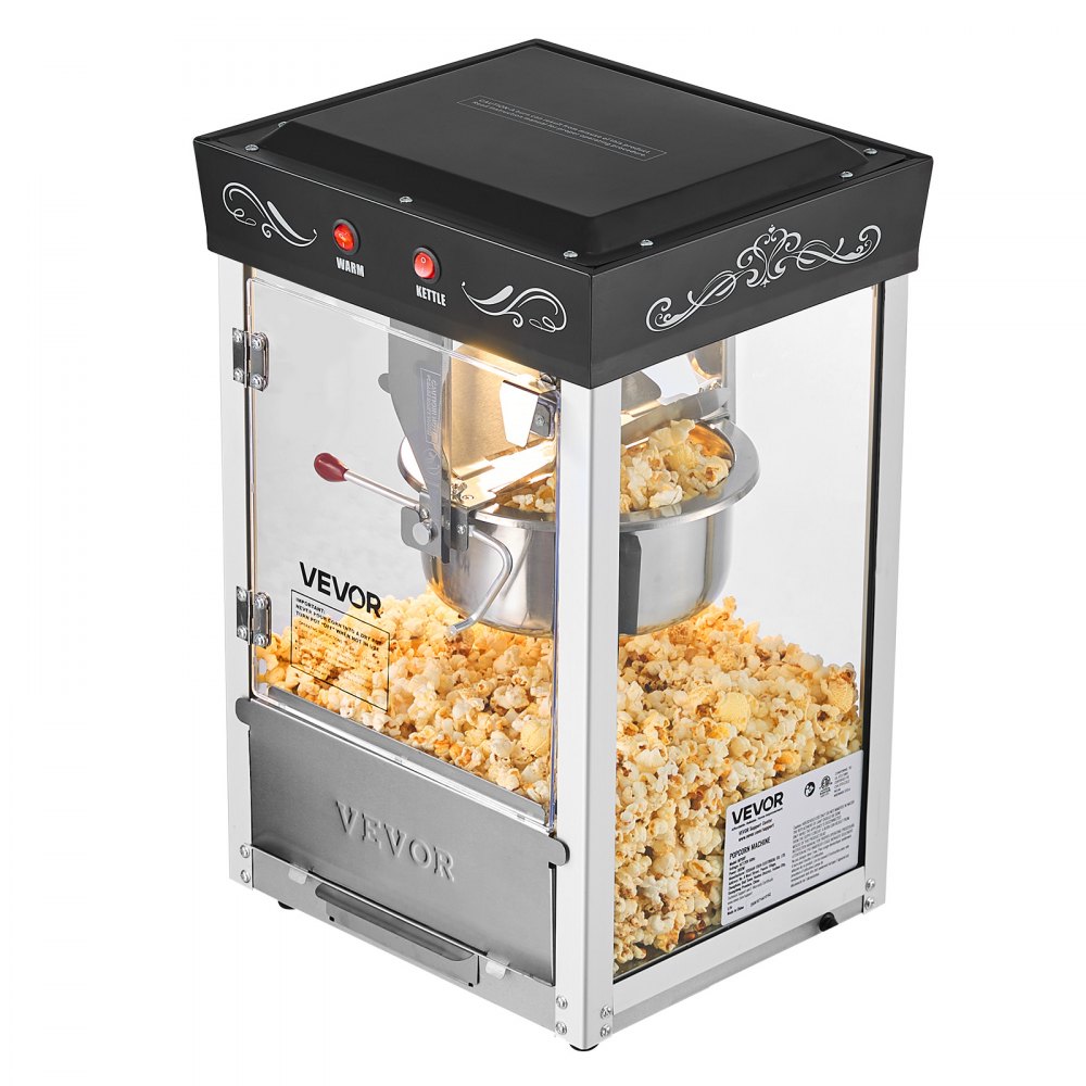 VEVOR Popcorn Machine, 0.2kg Stainless Steel Kettle, 800W Commercial Countertop Popcorn Maker, 48 Cups per Batch Theater Style Popper, with 2-Button Control Glass Wall PC Door 1 Scoop 3 Spoons, Black