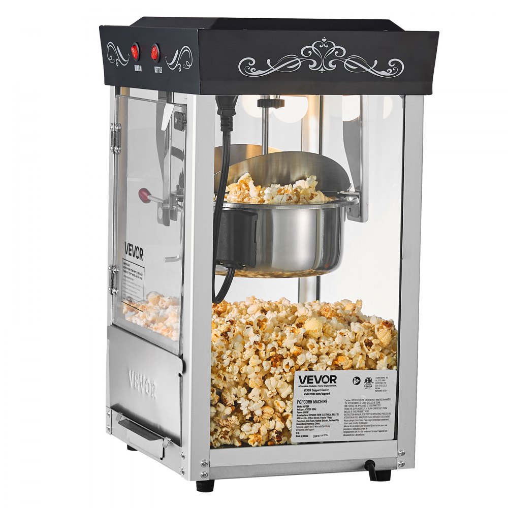 VEVOR Popcorn Machine, 0.2kg Stainless Steel Kettle, 800W Commercial Countertop Popcorn Maker, 48 Cups per Batch Theater Style Popper, with 2-Button Control Glass Wall PC Door 1 Scoop 3 Spoons, Black