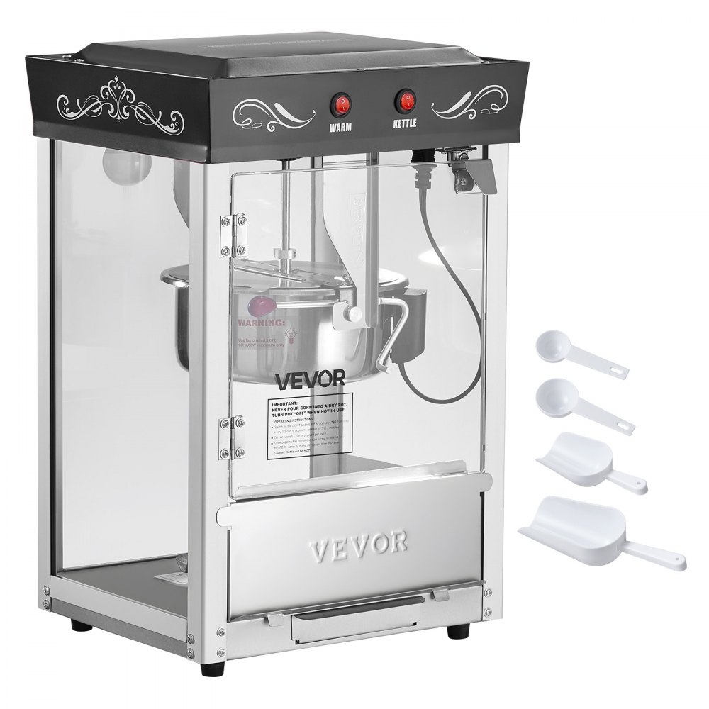 VEVOR Popcorn Machine, 0.2kg Stainless Steel Kettle, 800W Commercial Countertop Popcorn Maker, 48 Cups per Batch Theater Style Popper, with 2-Button Control Glass Wall PC Door 1 Scoop 3 Spoons, Black