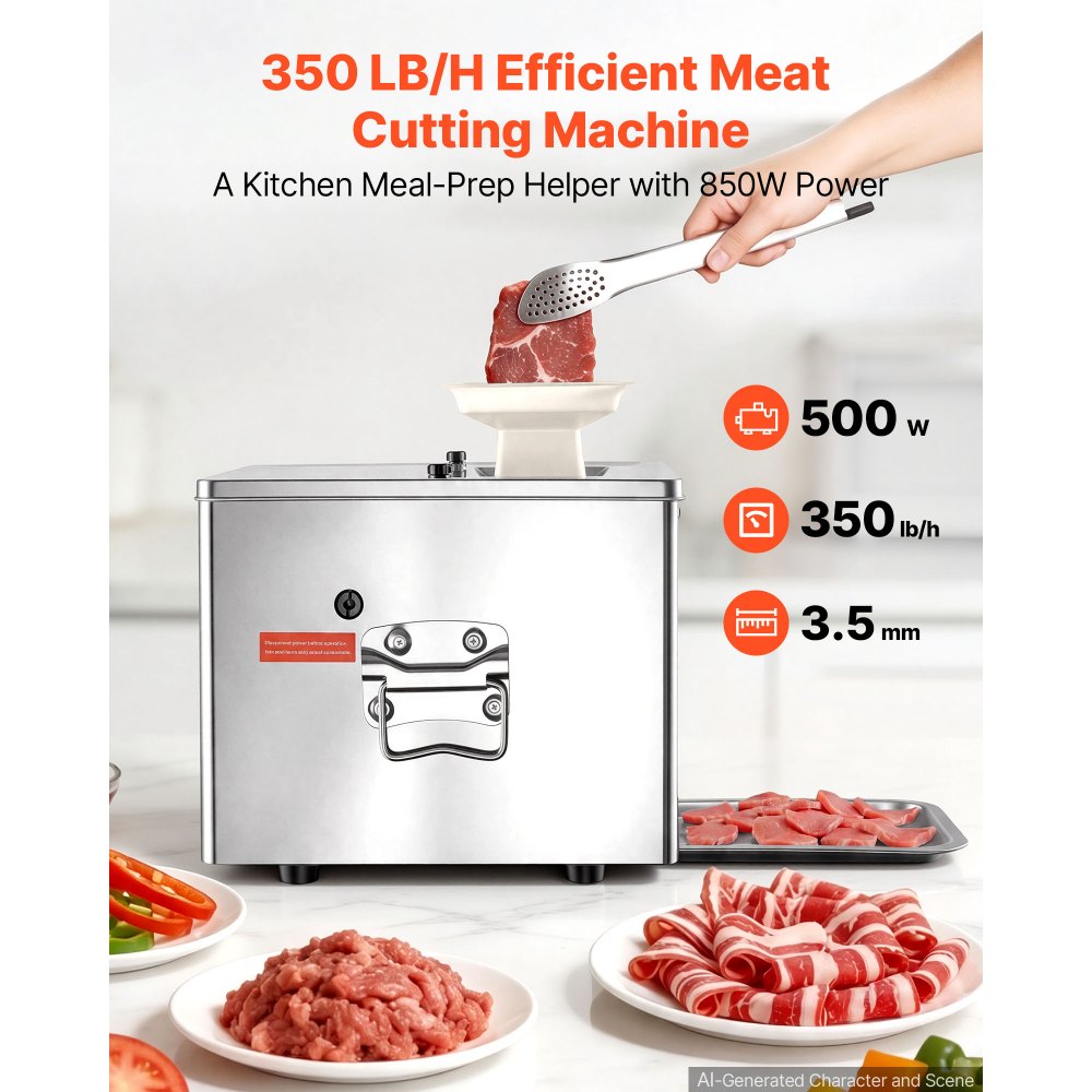VEVOR Meat Cutter Machine, 550W Meat Slicer, 350 lb/h Commercial Meat Cutting Machine, Stainless Steel, 3.5 mm Thickness, Electric Food Cutting Slicer for Home Kitchen, Restaurant, Supermarket