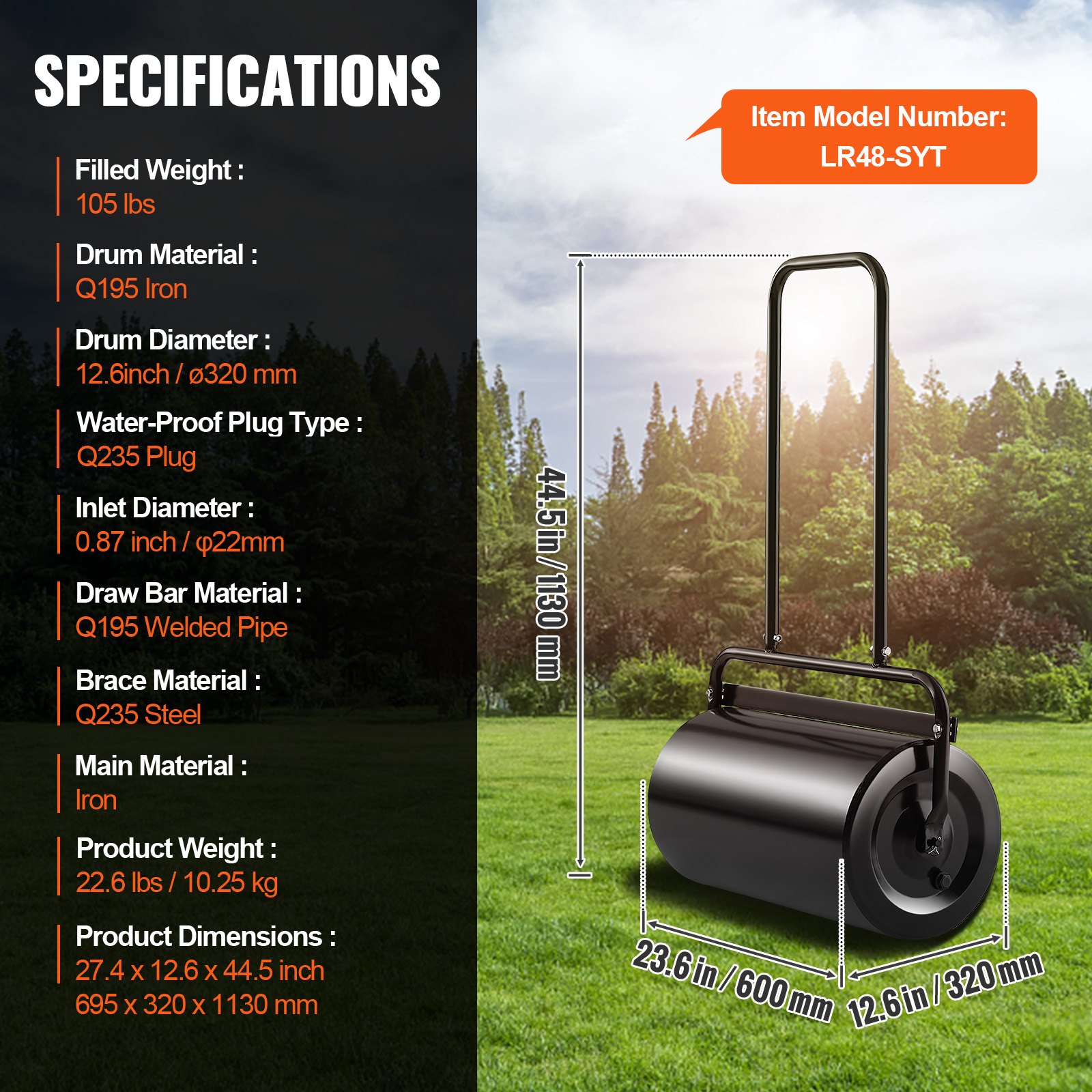 VEVOR Lawn Roller, 13 Gallon Sand/Water Filled Yard Roller, Steel Sod Roller with Easy-turn Plug and U-Shaped Ergonomic Handle for Convenient Push and Pull, for Lawn, Garden, Farm, Park, Black