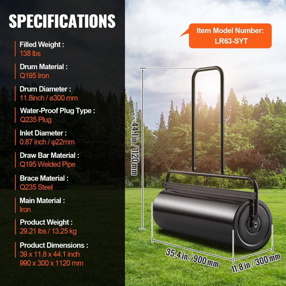 VEVOR Lawn Roller, 64 L Sand/Water Filled Yard Roller, Steel Sod Roller with Easy-turn Plug and U-Shaped Ergonomic Handle for Convenient Push and Pull, for Lawn, Garden, Farm, Park, Black
