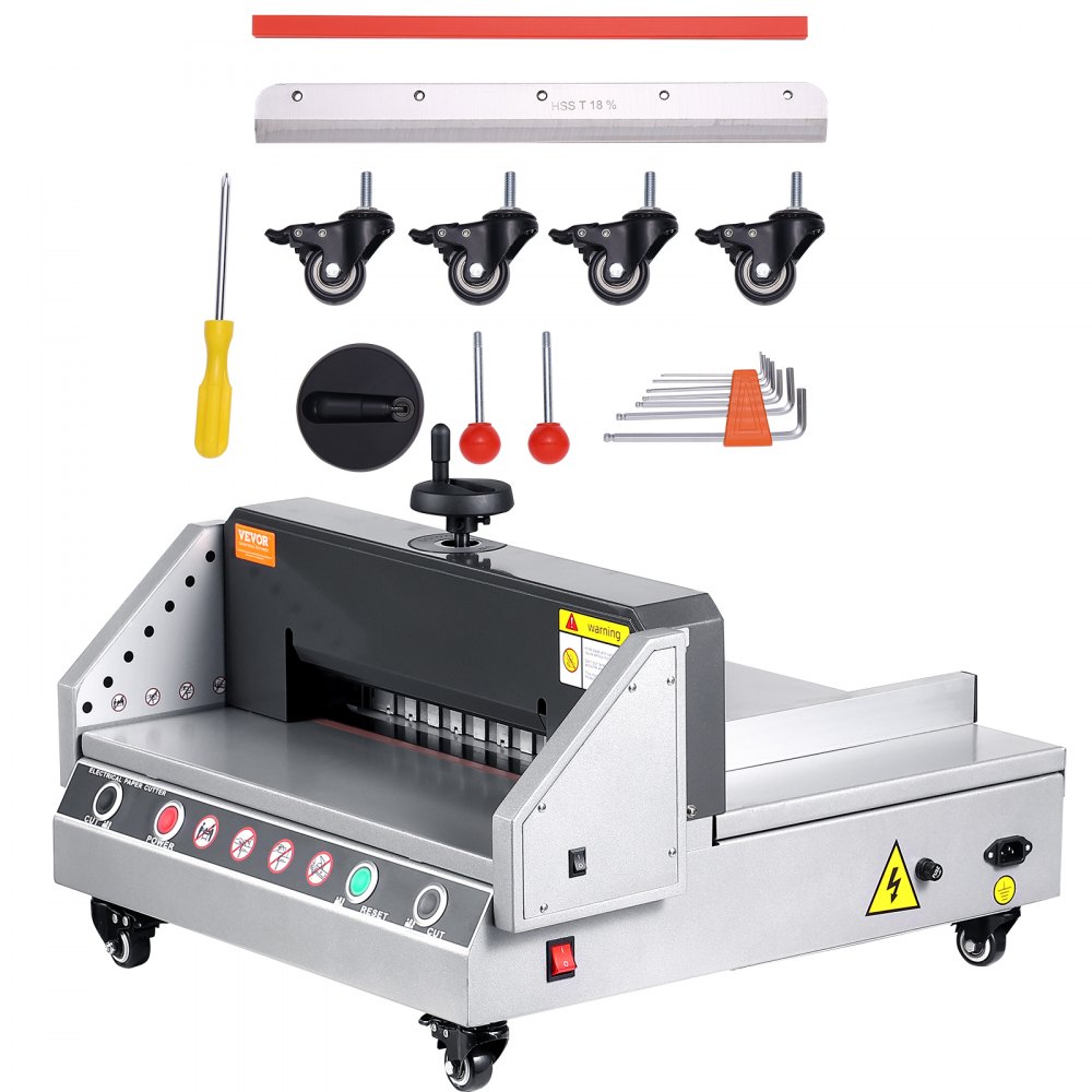 VEVOR electric paper cutter with accessories and replacement parts displayed.