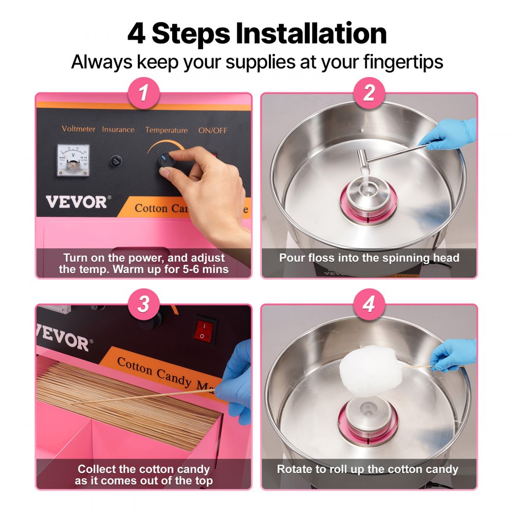 VEVOR Electric Cotton Candy Machine 1000W Commercial Candy Floss Maker, Ideal for Home, Carnival, Birthday, Family Party, Easy Use with 50 cm Stainless Steel Bowl, Storage Drawer, Sugar Scoop, Pink