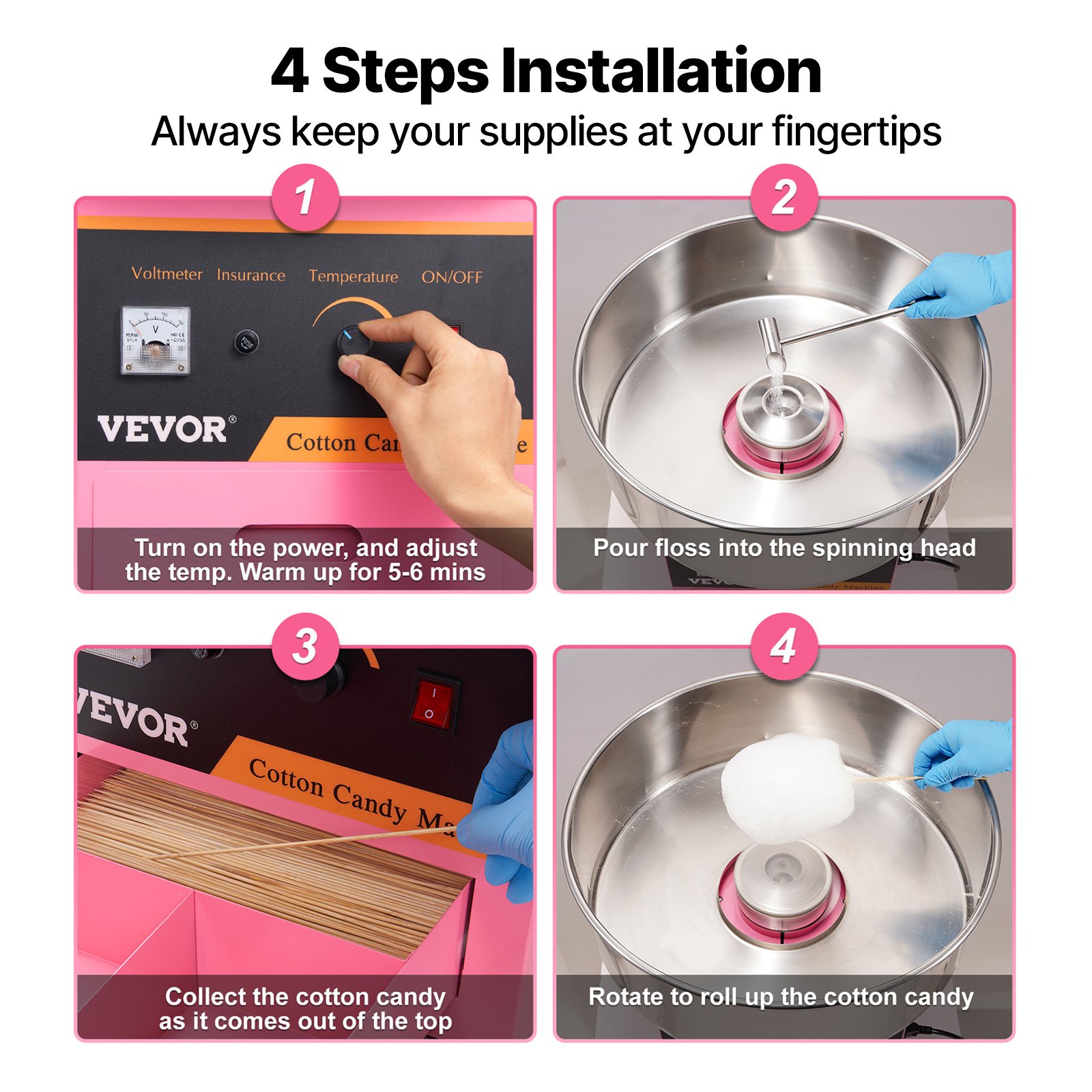 VEVOR Electric Cotton Candy Machine 1000W Commercial Candy Floss Maker, Ideal for Home, Carnival, Birthday, Family Party, Easy Use with 50 cm Stainless Steel Bowl, Storage Drawer, Sugar Scoop, Pink